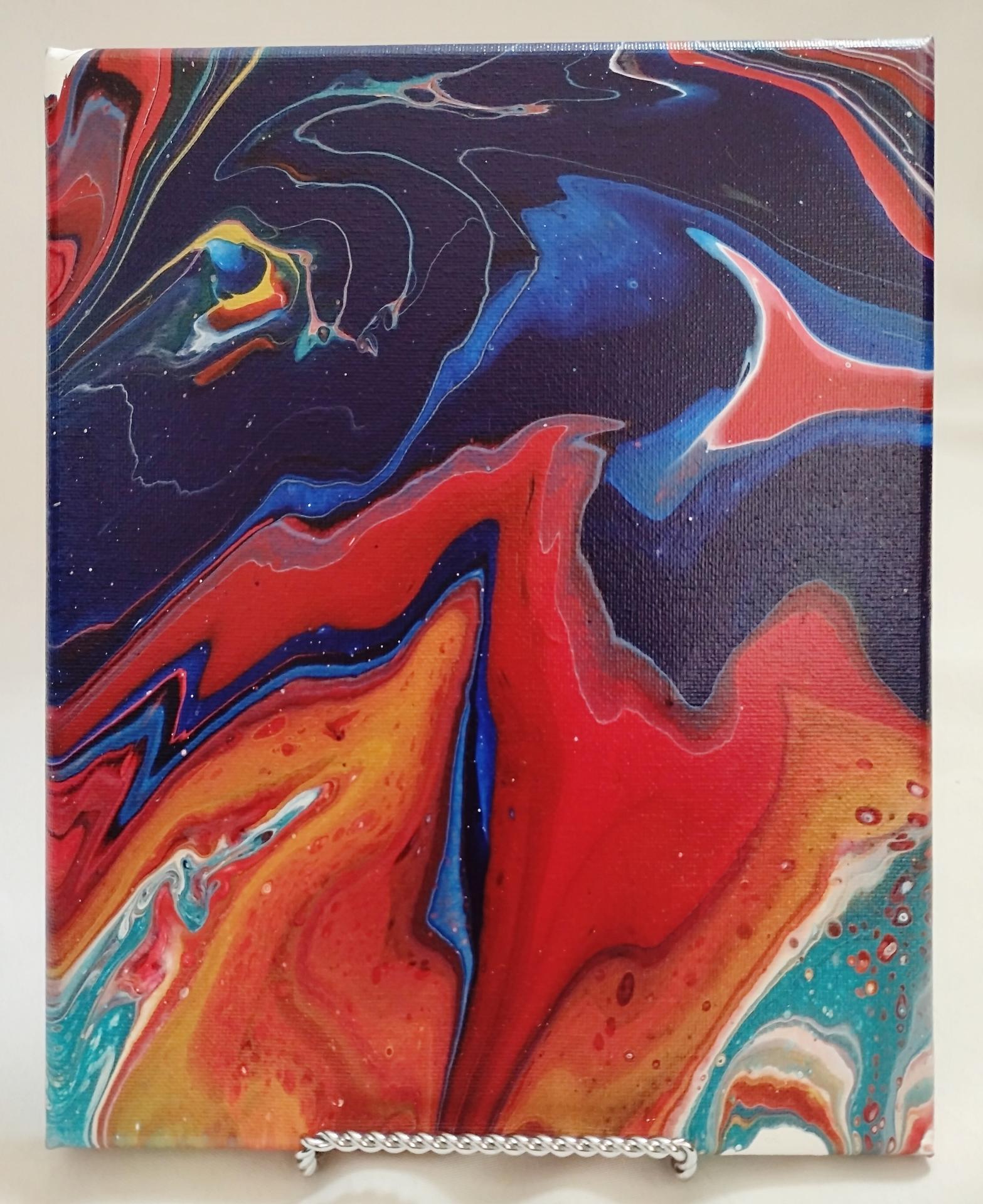 Moody Blue and Red Abstract Original Acrylic Pour Painting, 8" x 10", Fluid Art Painting