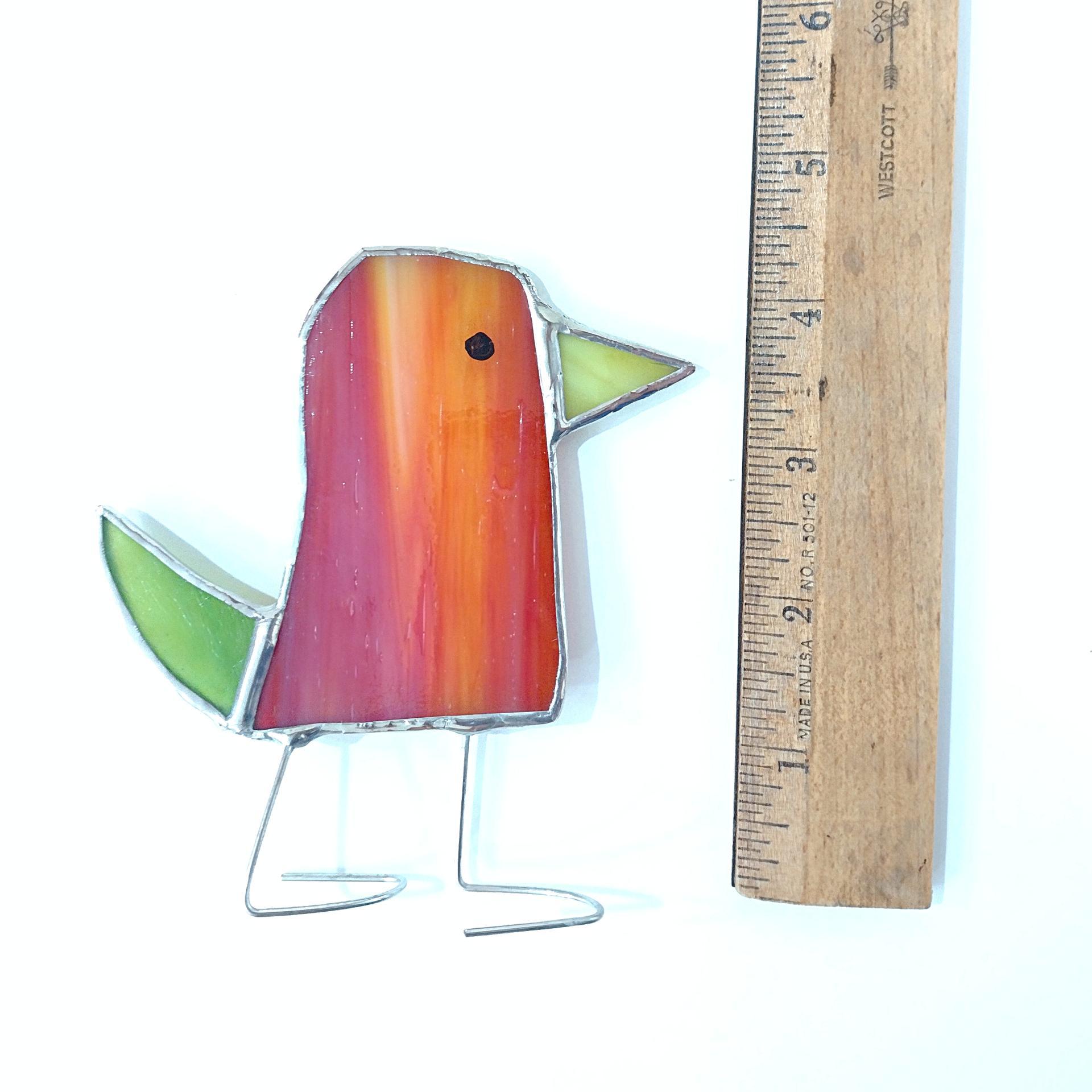 Stained Glass Standing Bird, Funky Red and Green Glass Bird Suncatcher, Bird Lover Gift, Windowsill Sitter