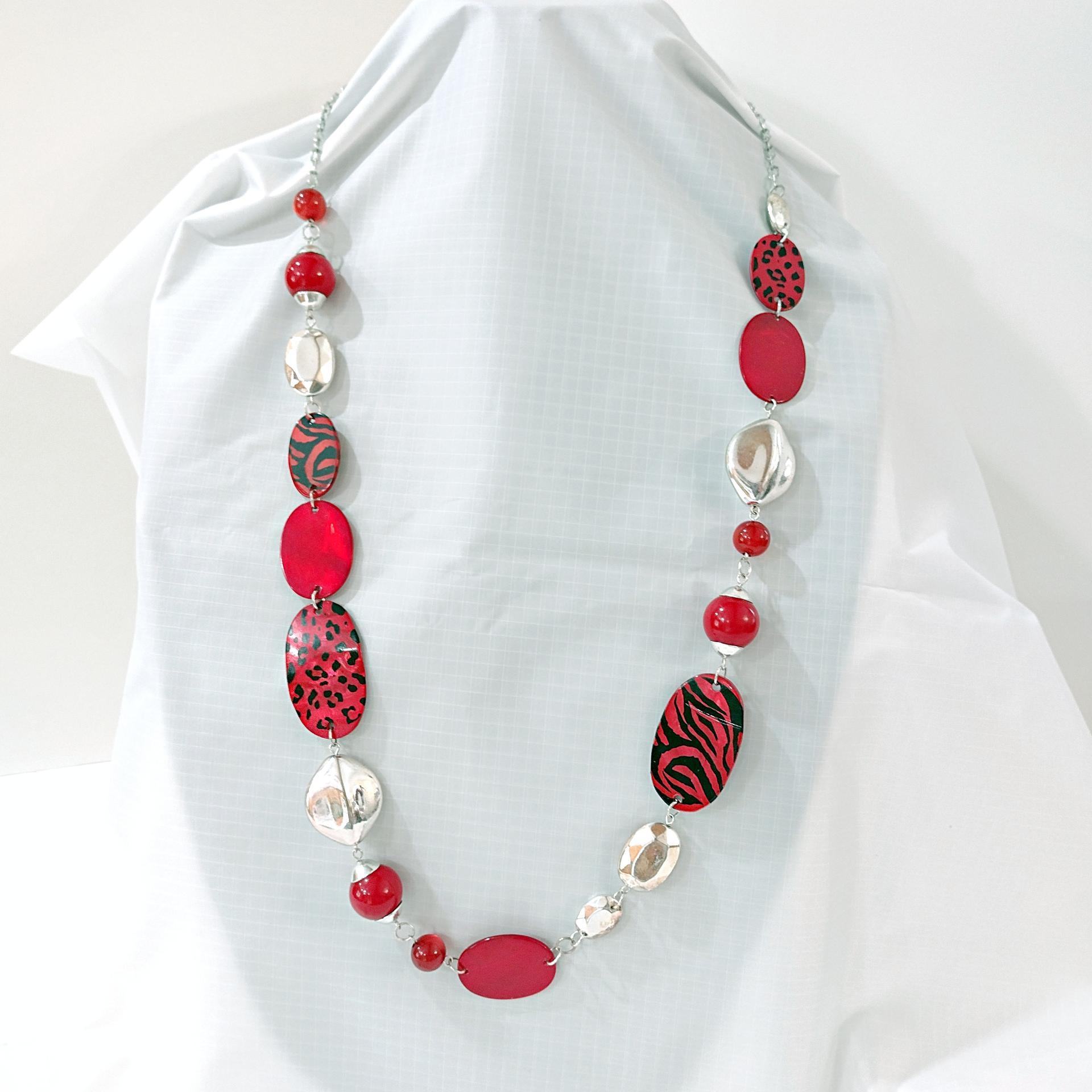 Vintage Red Leopard Print and Silver Beaded 30" Adjustable Necklace, Animal Print Jewelry