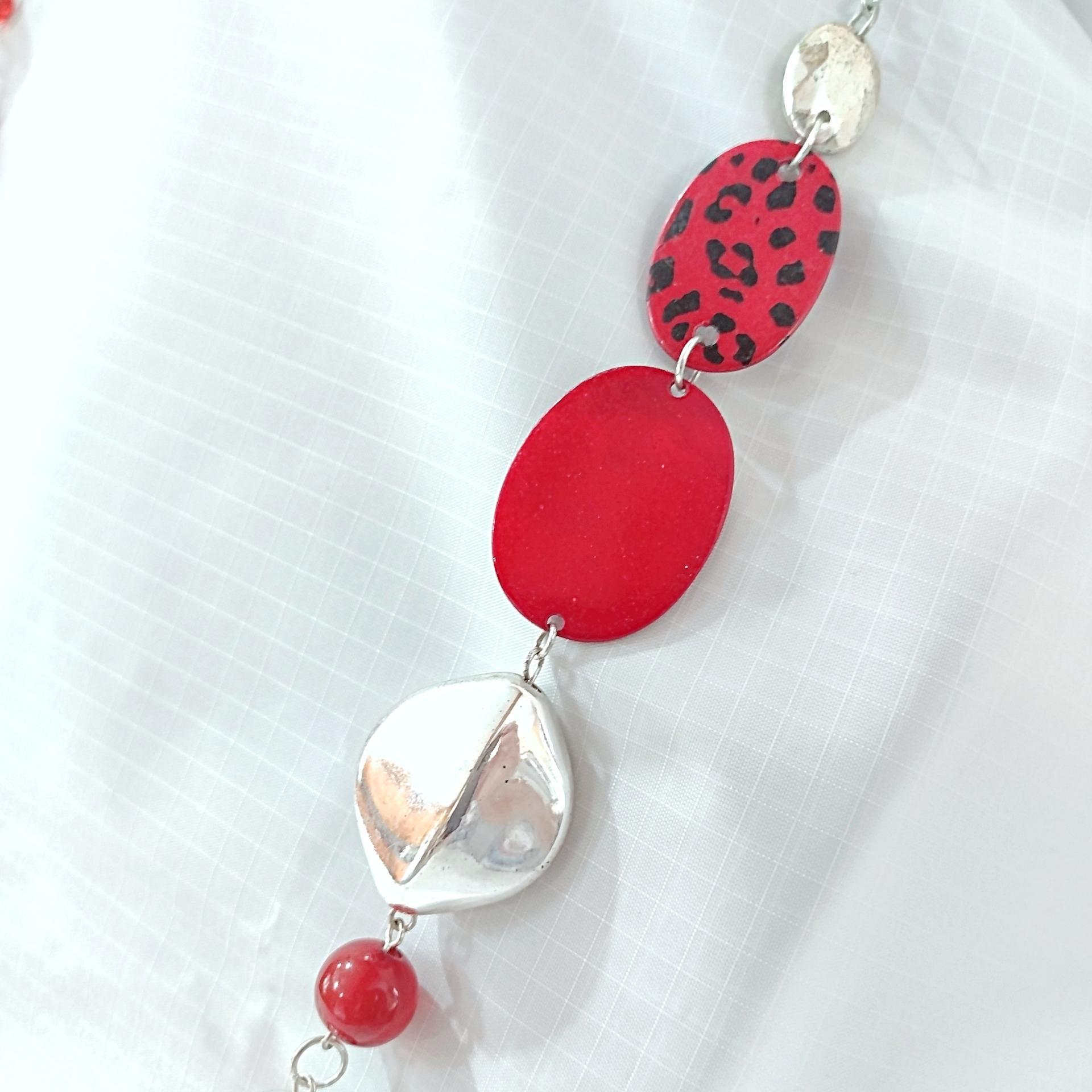 Vintage Red Leopard Print and Silver Beaded 30" Adjustable Necklace, Animal Print Jewelry
