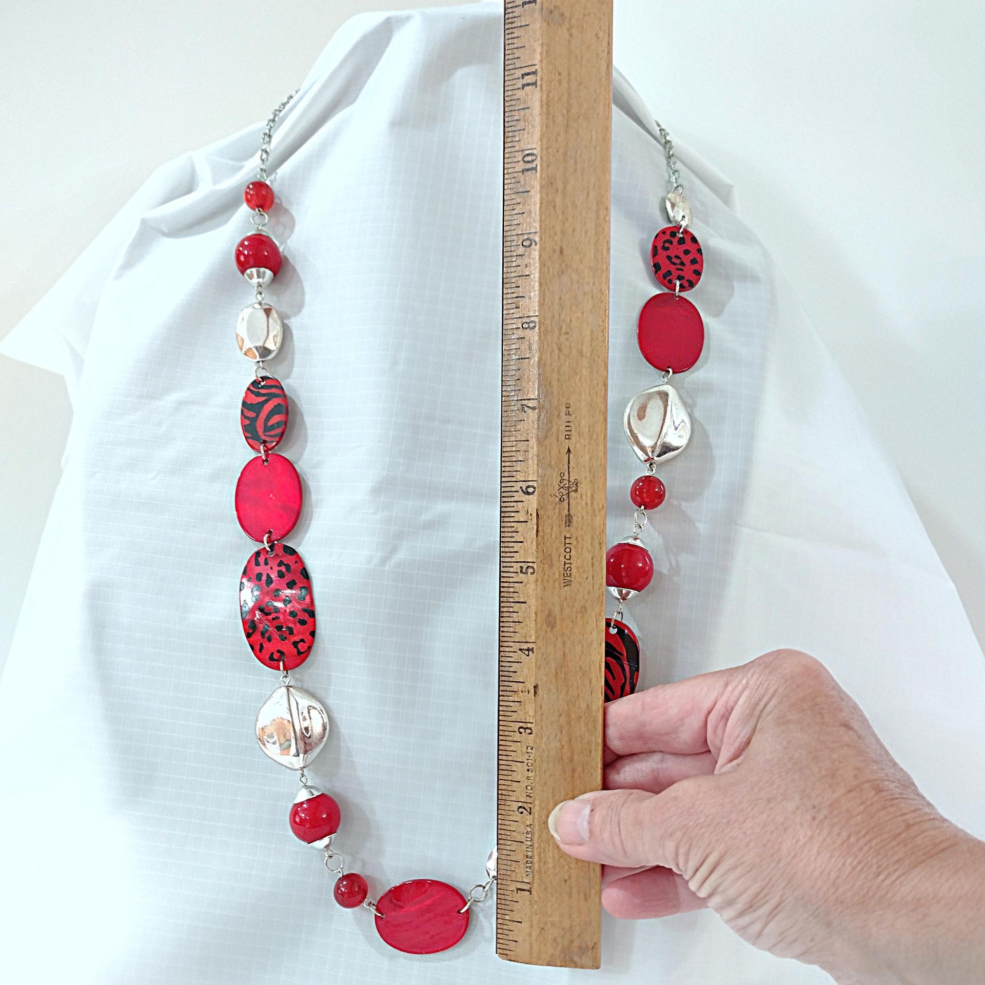 Vintage Red Leopard Print and Silver Beaded 30" Adjustable Necklace, Animal Print Jewelry