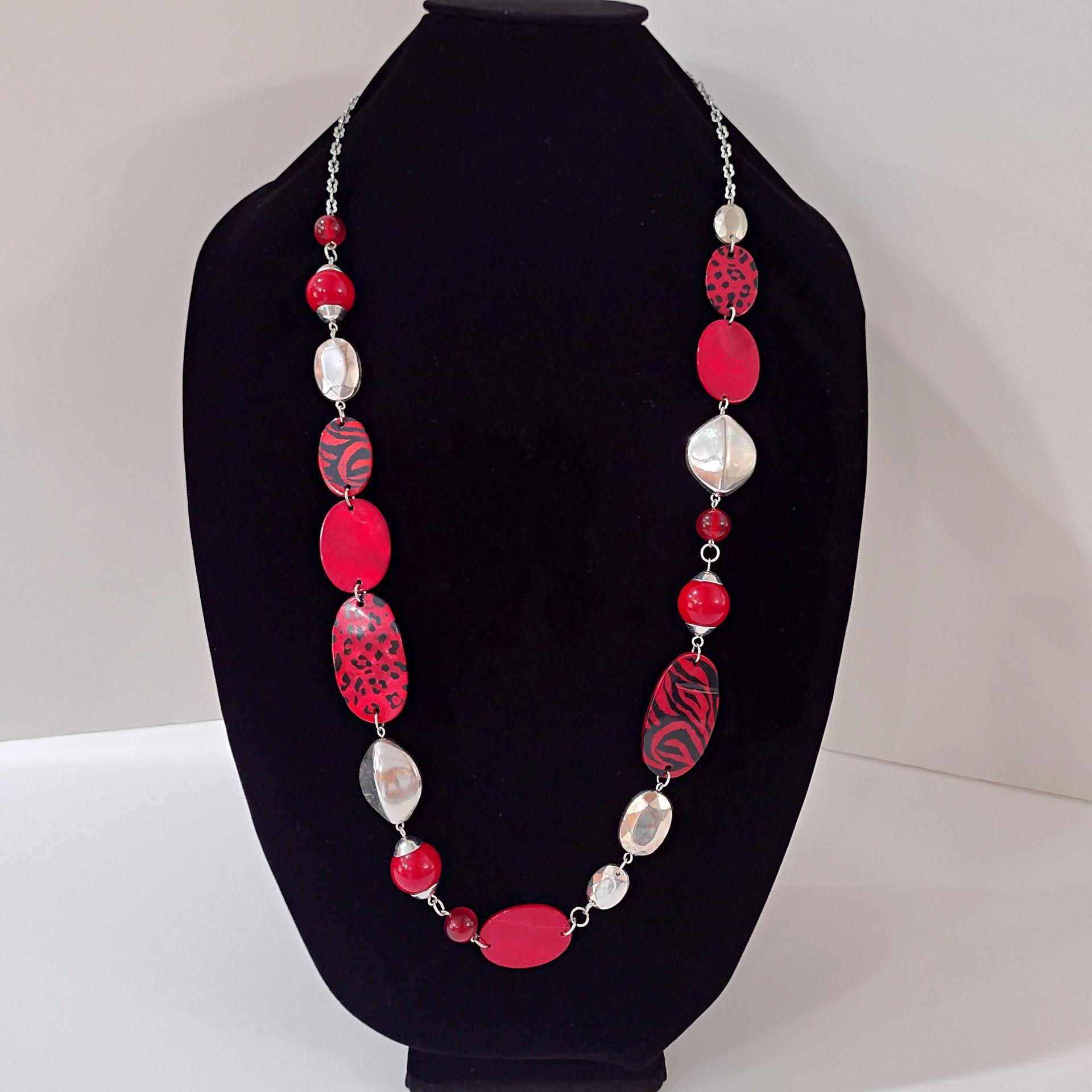 Vintage Red Leopard Print and Silver Beaded 30" Adjustable Necklace, Animal Print Jewelry