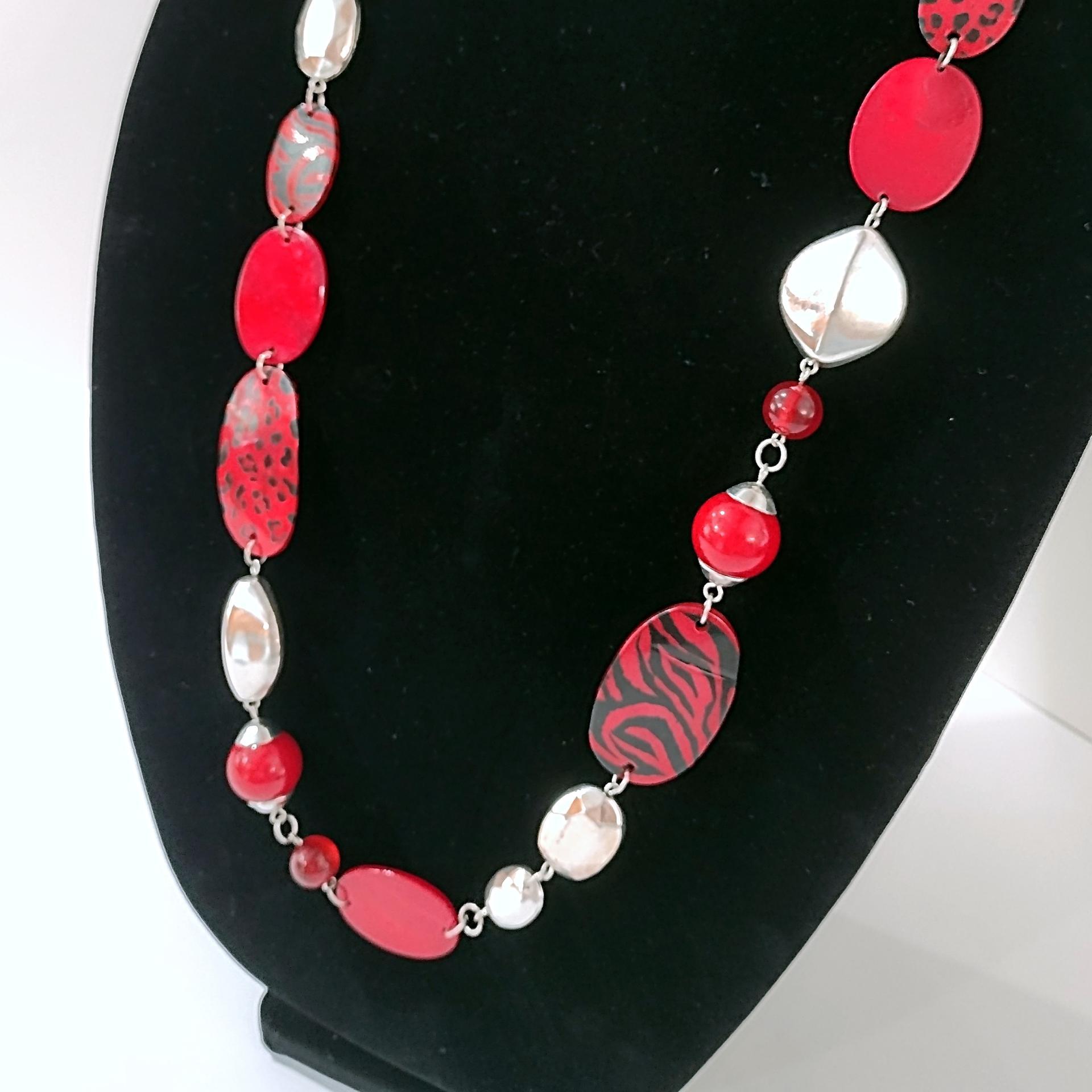 Vintage Red Leopard Print and Silver Beaded 30" Adjustable Necklace, Animal Print Jewelry