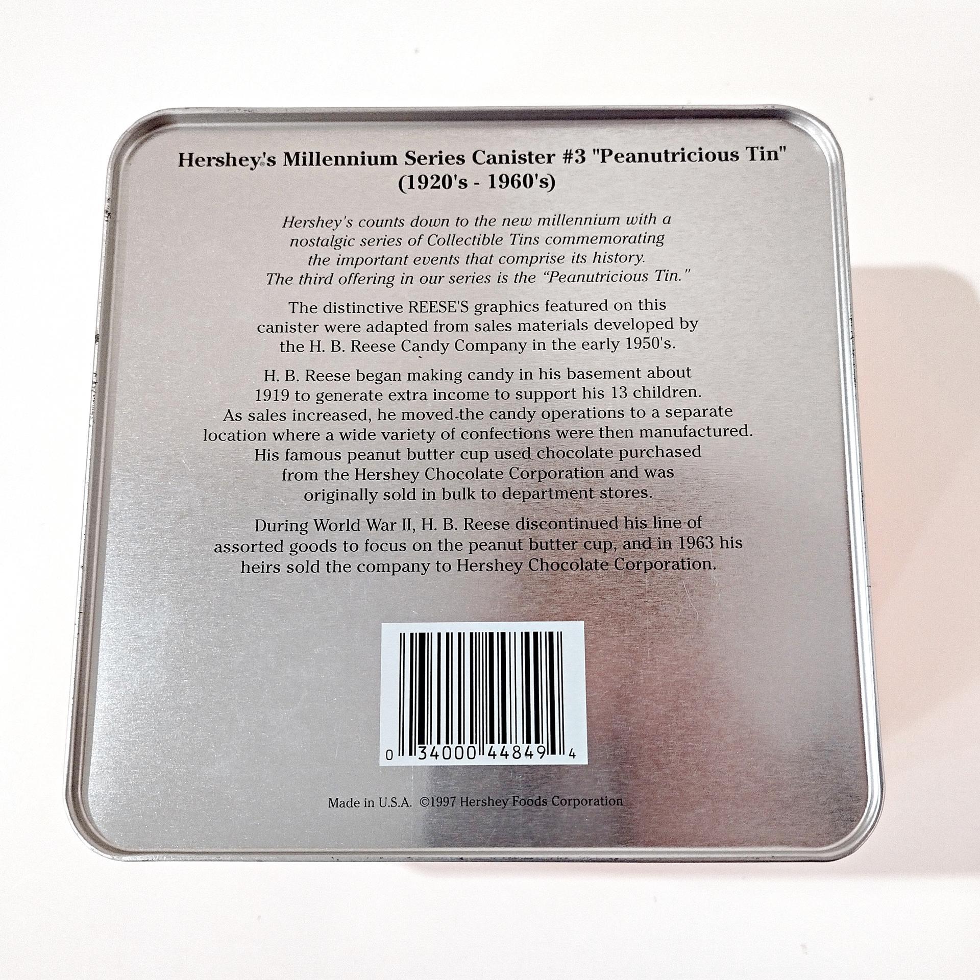 Vintage 1997 Reese's Peanutritious Square Metal Tin Storage Container, Hershey's Millennium Series Canister #3, Reeses Peanut Butter Cup Tin