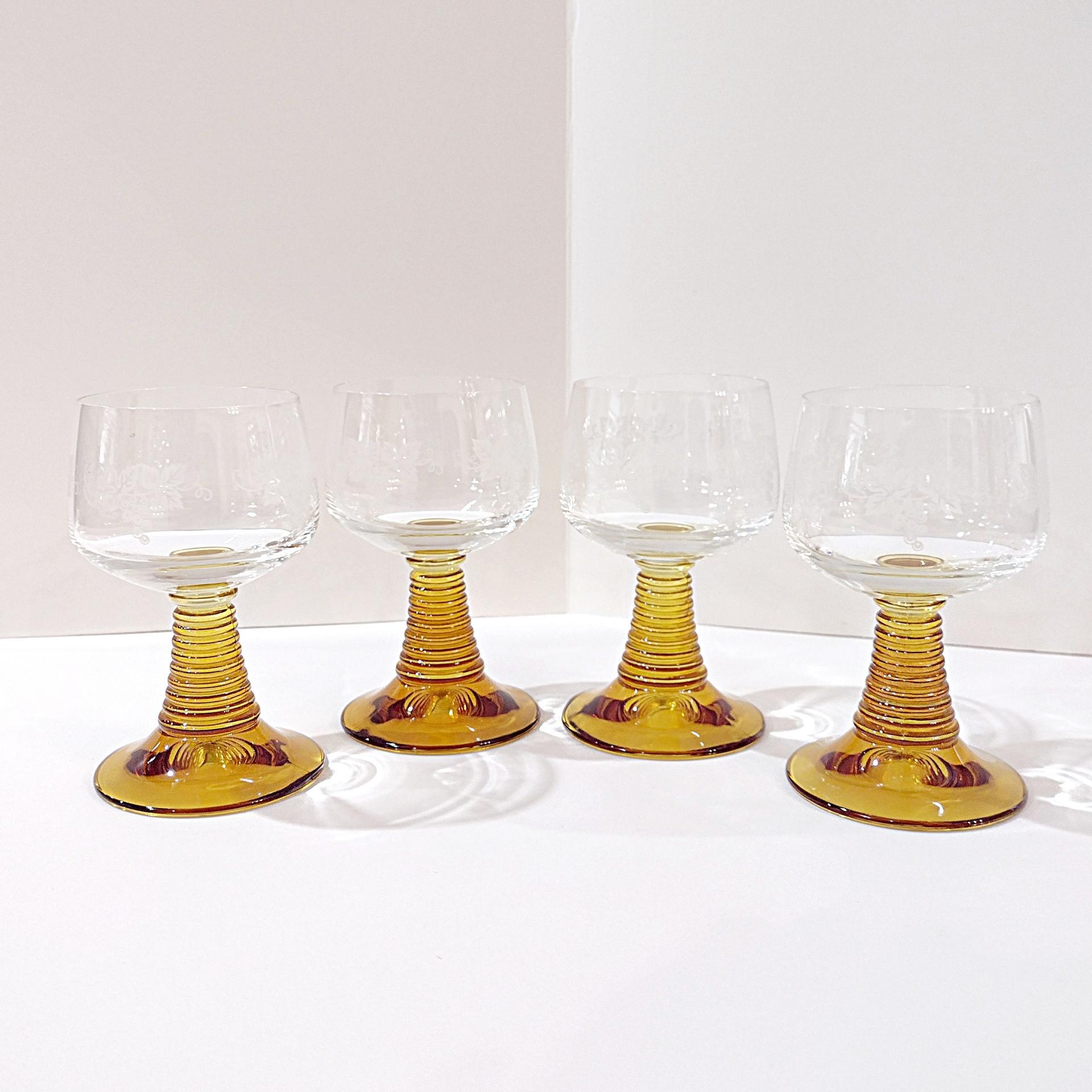 Vintage Amber Roemer Crystal Wine Glasses with Etched Grapevine Design, Set of 4,  Schott-Zwiesel Beehive German Roemer Coupe Wine Glass