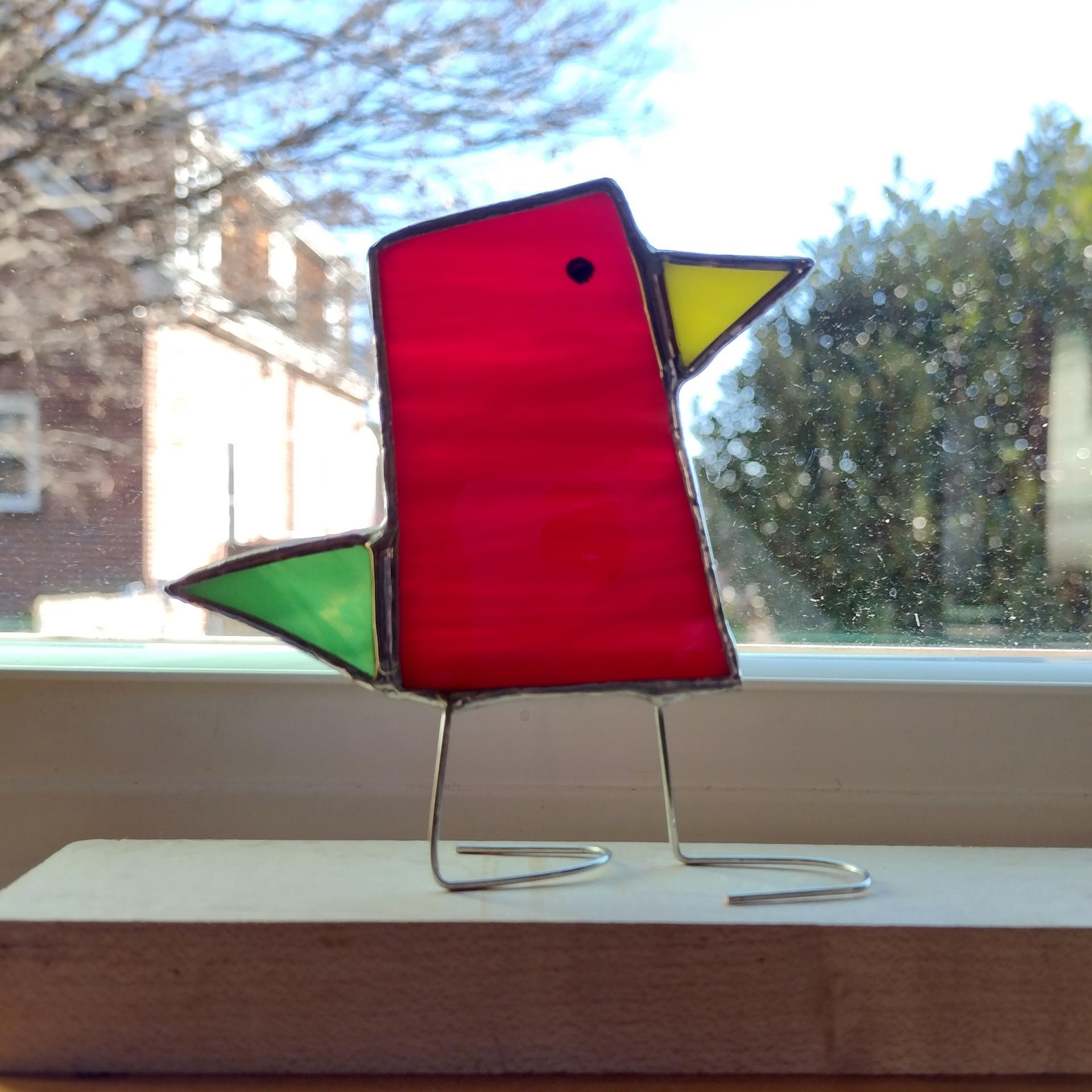Stained Glass Standing Bird, Funky Glass Bird, Red and Green Bird Suncatcher, Windowsill Free Standing Bird