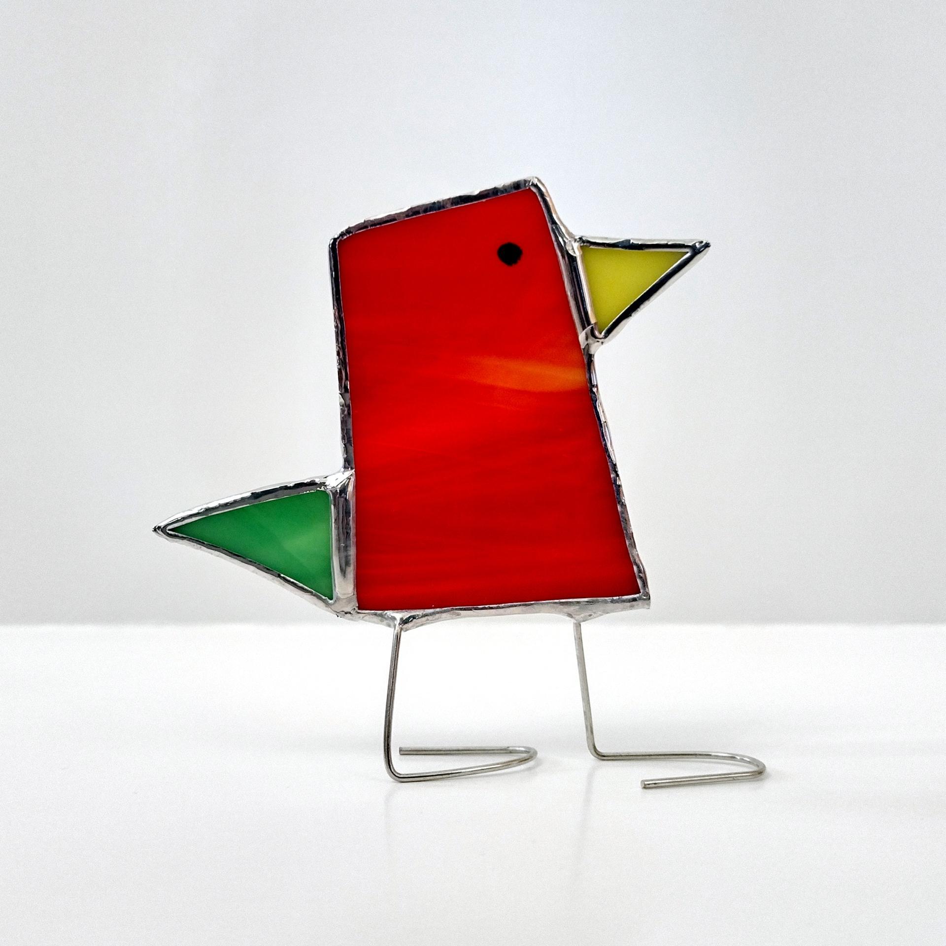 Stained Glass Standing Bird, Funky Glass Bird, Red and Green Bird Suncatcher, Windowsill Free Standing Bird