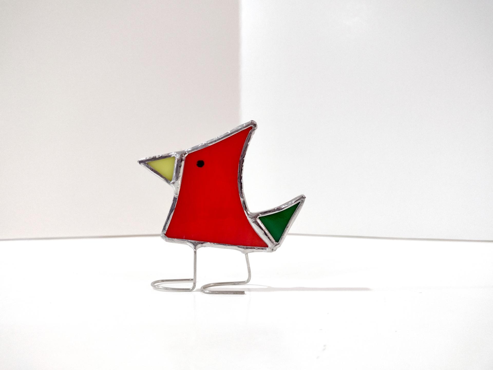 Stained Glass Standing Bird, Funky Glass Bird, Red and Green Bird Suncatcher, Windowsill Free Standing Bird
