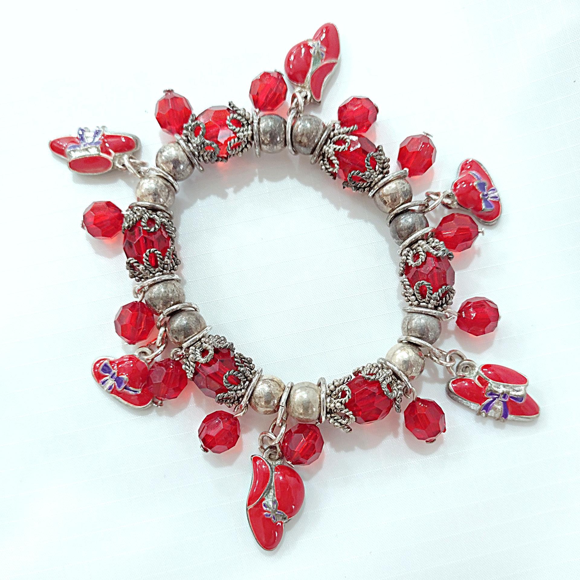 Vintage Red Hat Society Enamel and Rhinestone Elastic Charm Bracelet
