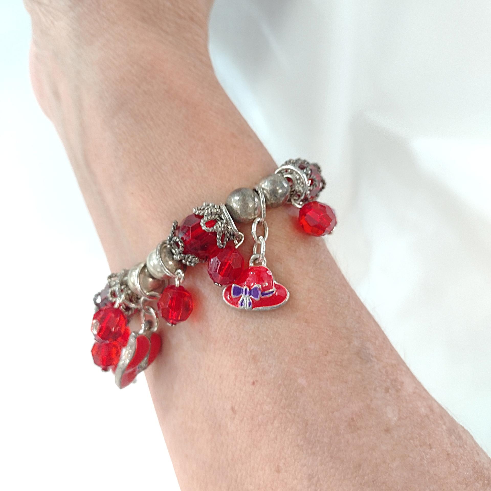 Vintage Red Hat Society Enamel and Rhinestone Elastic Charm Bracelet