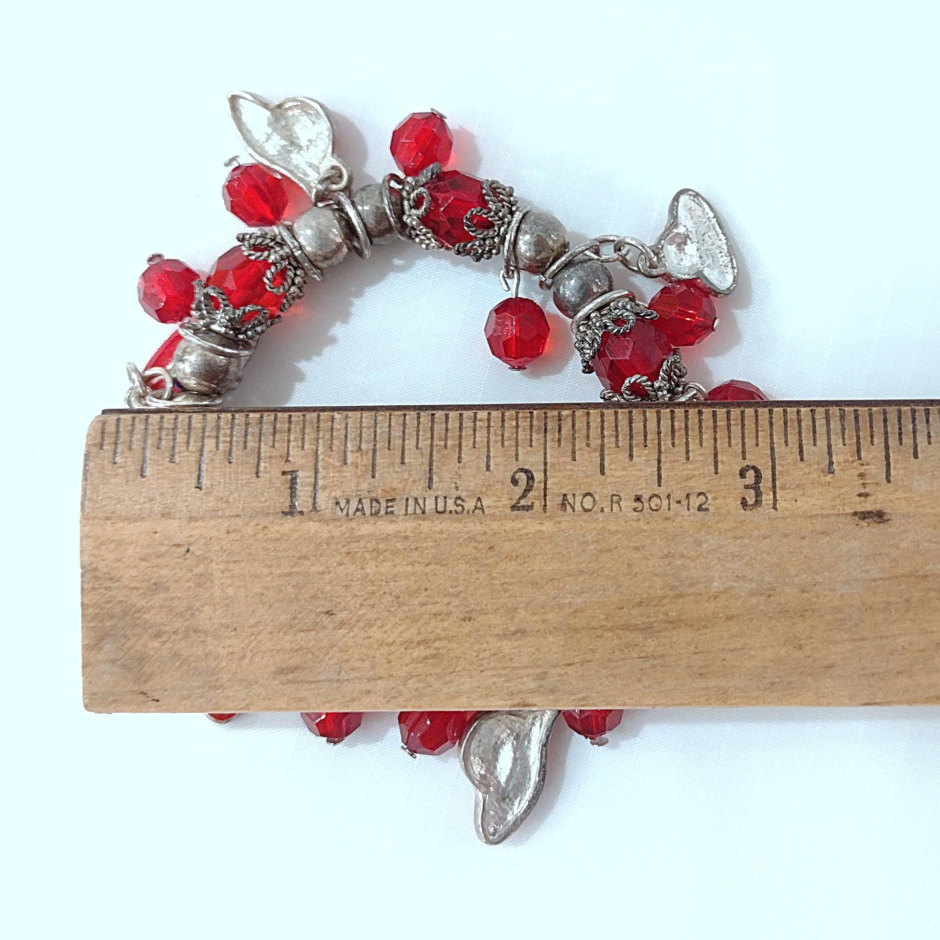Vintage Red Hat Society Enamel and Rhinestone Elastic Charm Bracelet