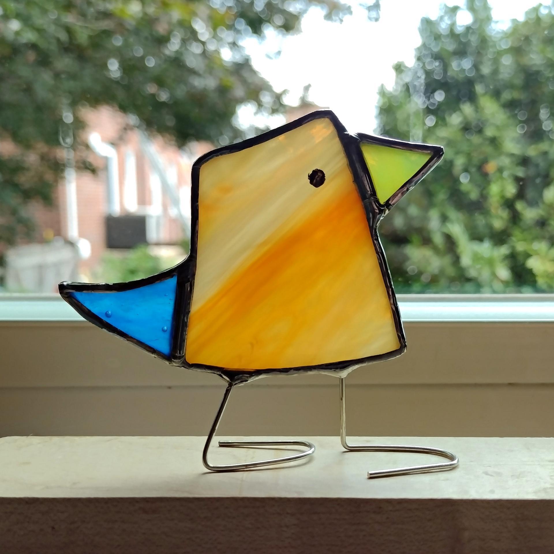 Stained Glass Standing Bird, Funky Orange and Blue Glass Bird Suncatcher, Bird Lover Gift