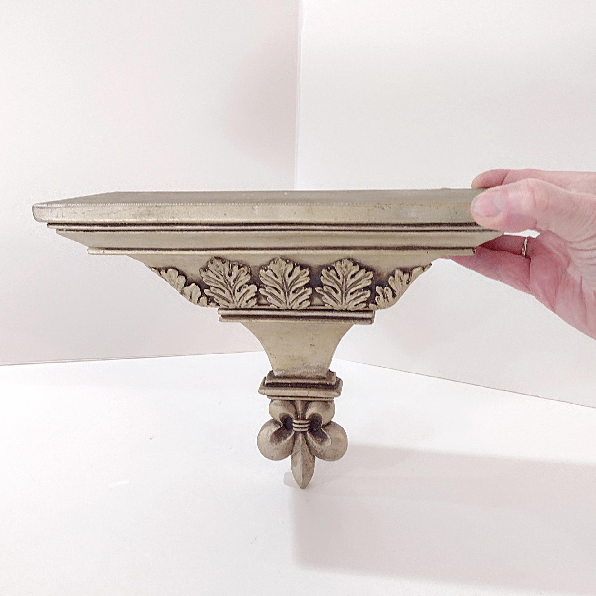 Vintage Gold Toned Distressed Wall Shelf with Leaf Design, Roman Greek Style Corbel Floating Shelf