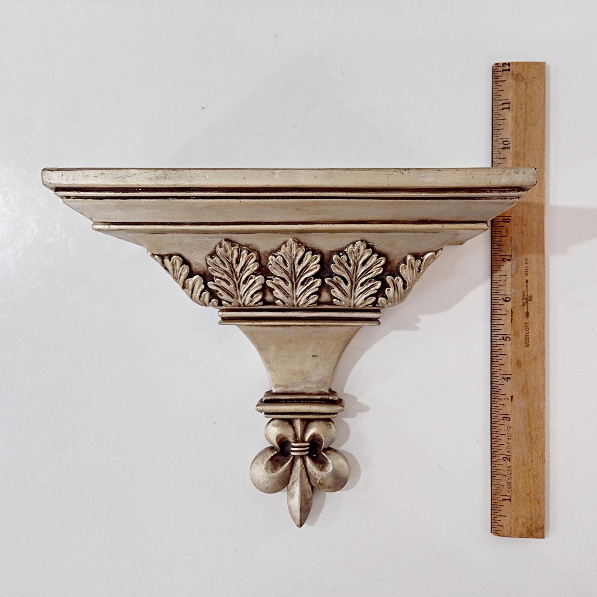 Vintage Gold Toned Distressed Wall Shelf with Leaf Design, Roman Greek Style Corbel Floating Shelf