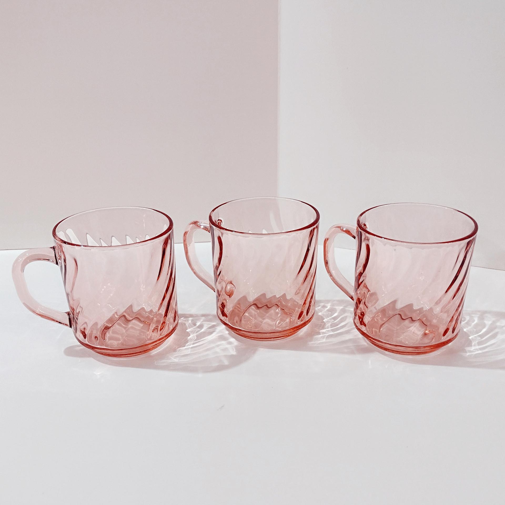 Vintage Arcoroc France Rosaline Pink Swirl Optic Glass Mugs, Set of Three