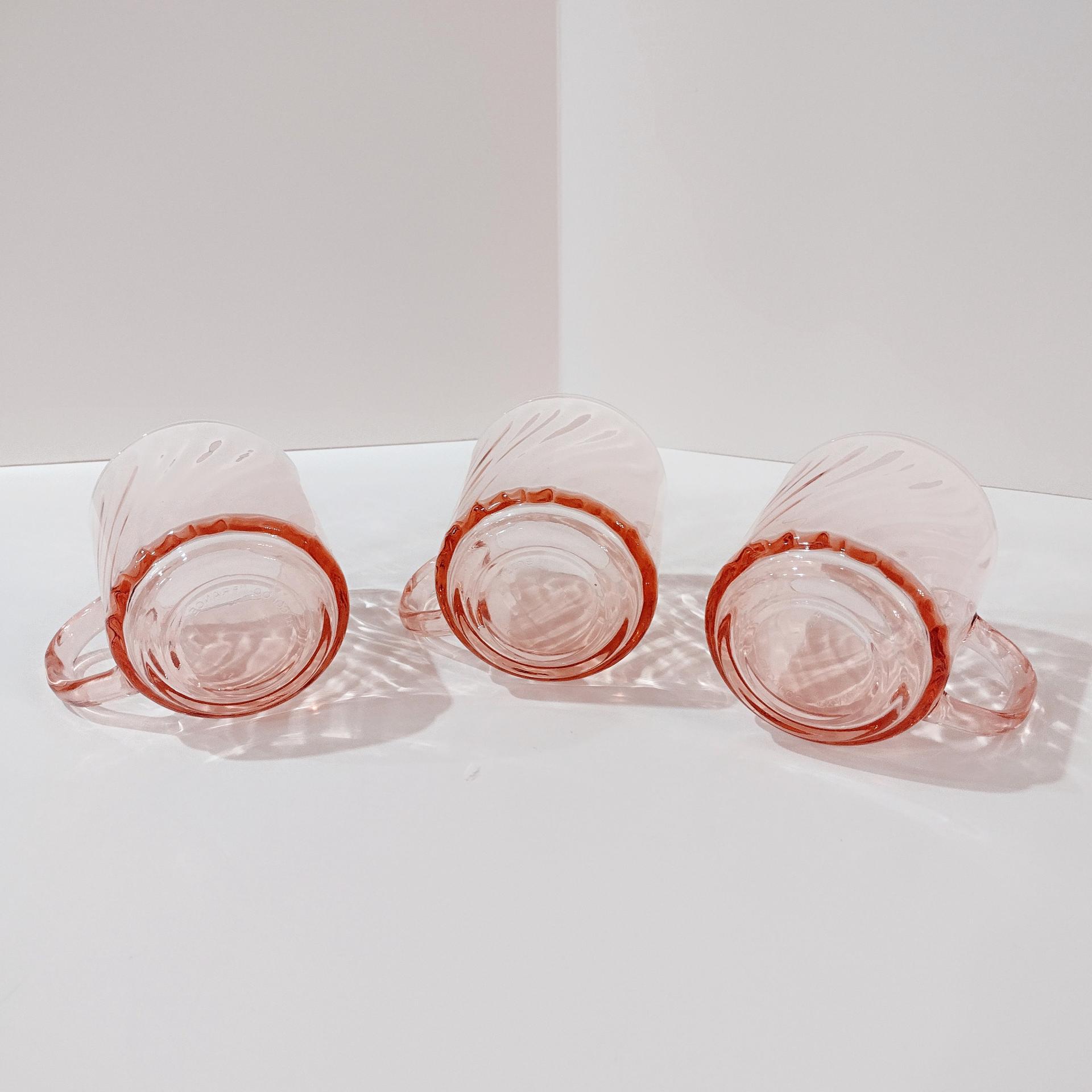 Vintage Arcoroc France Rosaline Pink Swirl Optic Glass Mugs, Set of Three