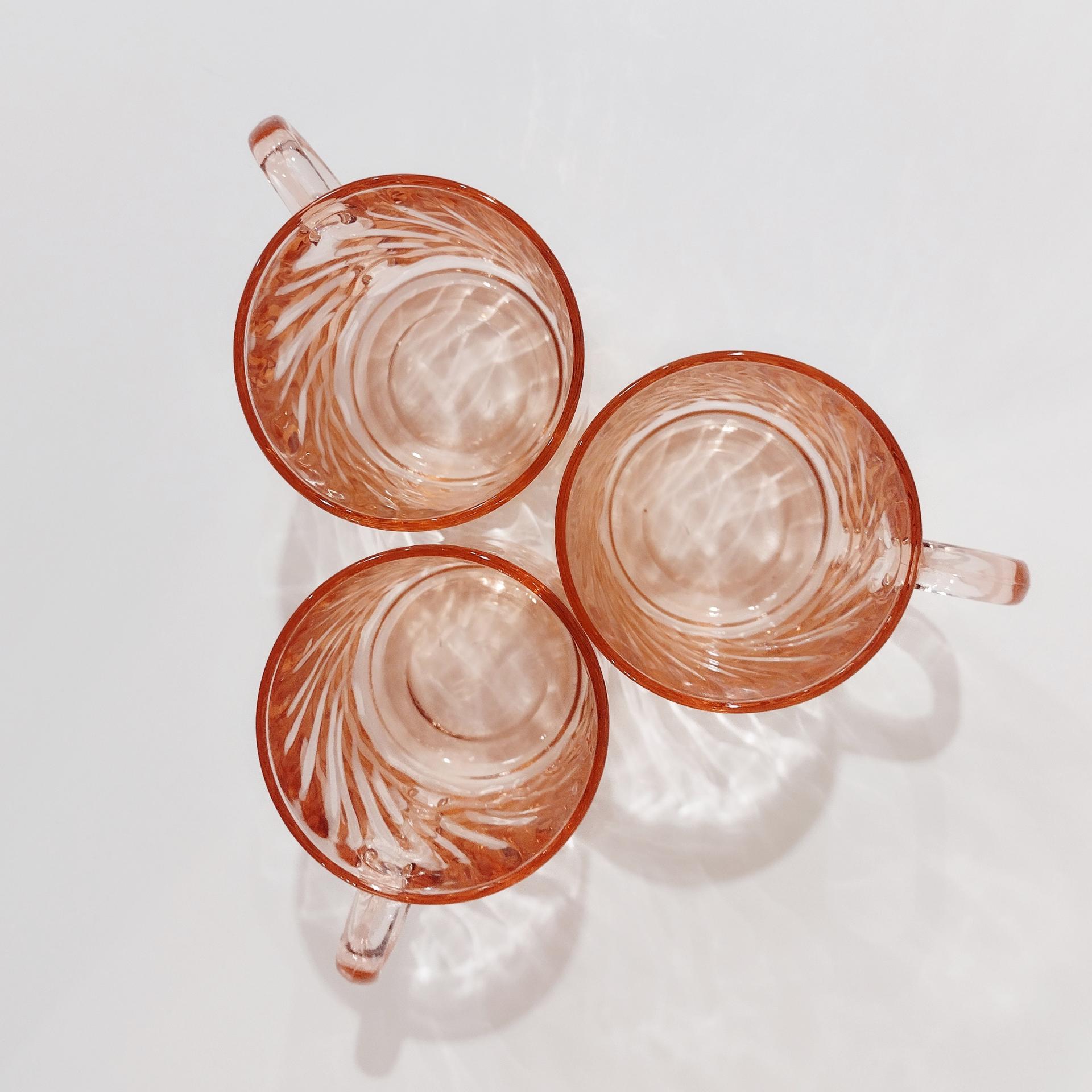 Vintage Arcoroc France Rosaline Pink Swirl Optic Glass Mugs, Set of Three