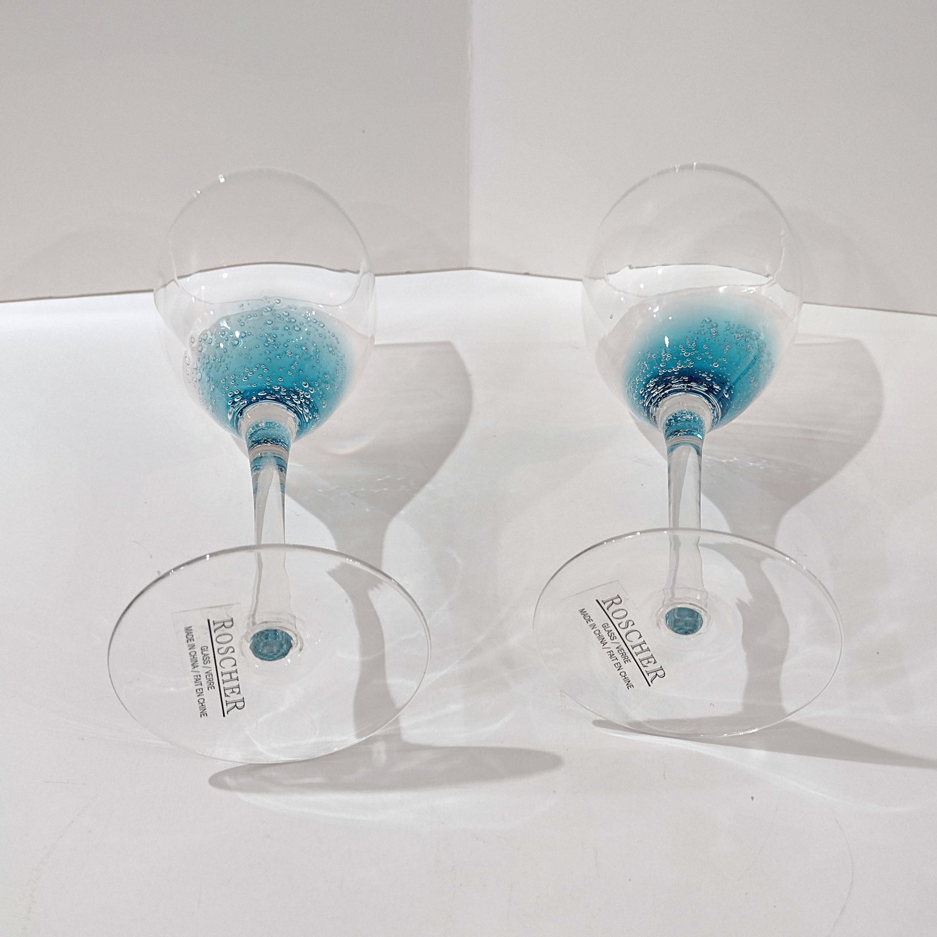 Vintage Roscher Teal Blue Bubble Wine Glasses, Set of Two