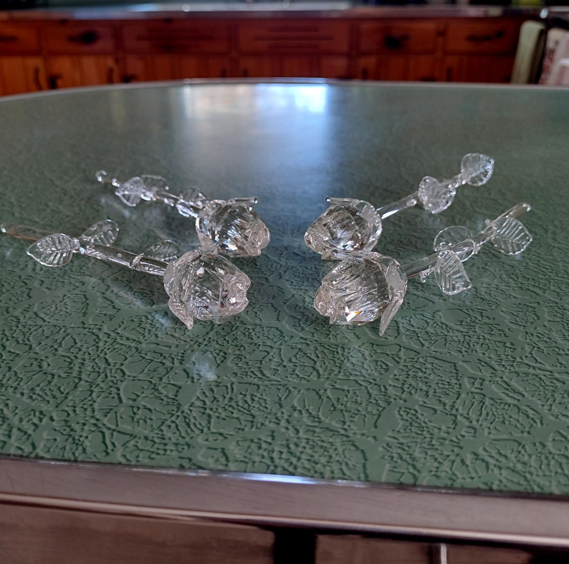 Vintage Blown and Cut Glass Roses, Set of Four