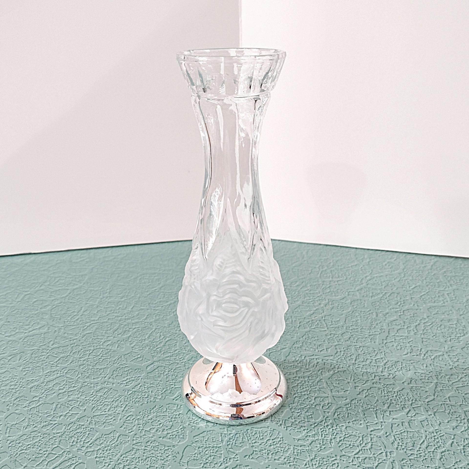 Vintage Rose Frosted Crystal and Silver Plated Flower Bud Vase, William Adams West German Floral Vase