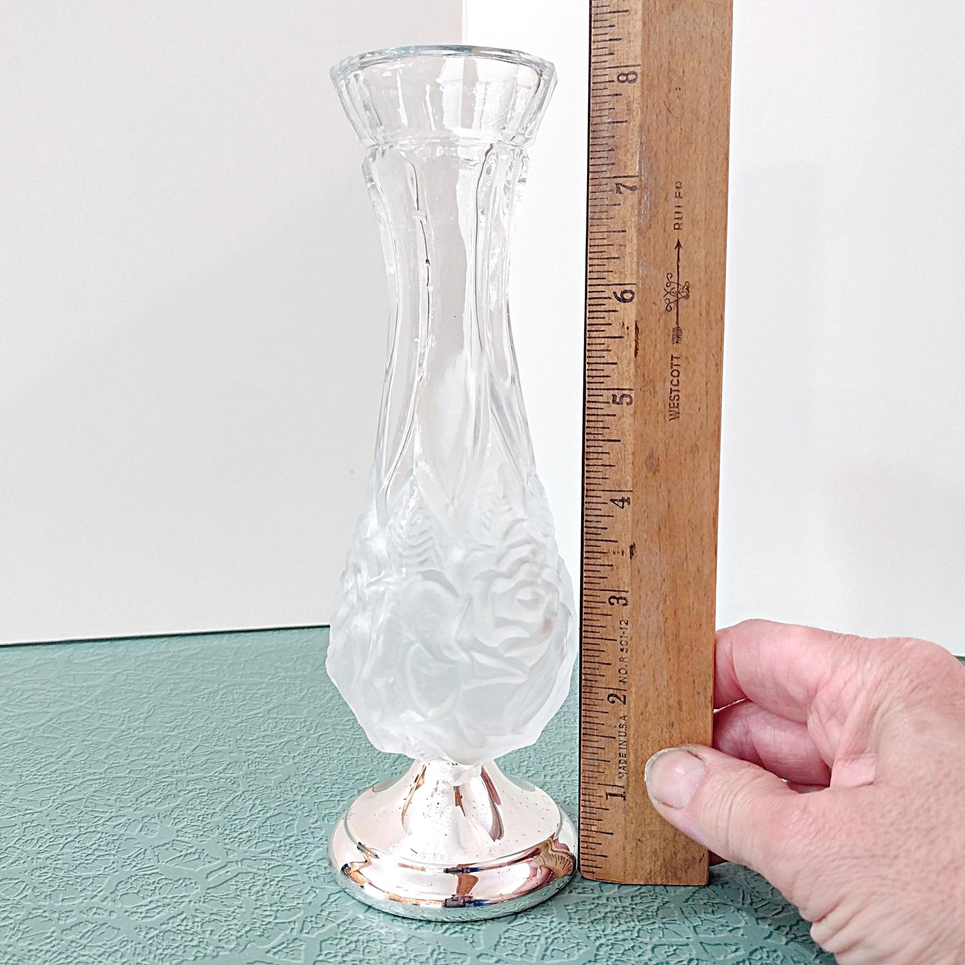 Vintage Rose Frosted Crystal and Silver Plated Flower Bud Vase, William Adams West German Floral Vase