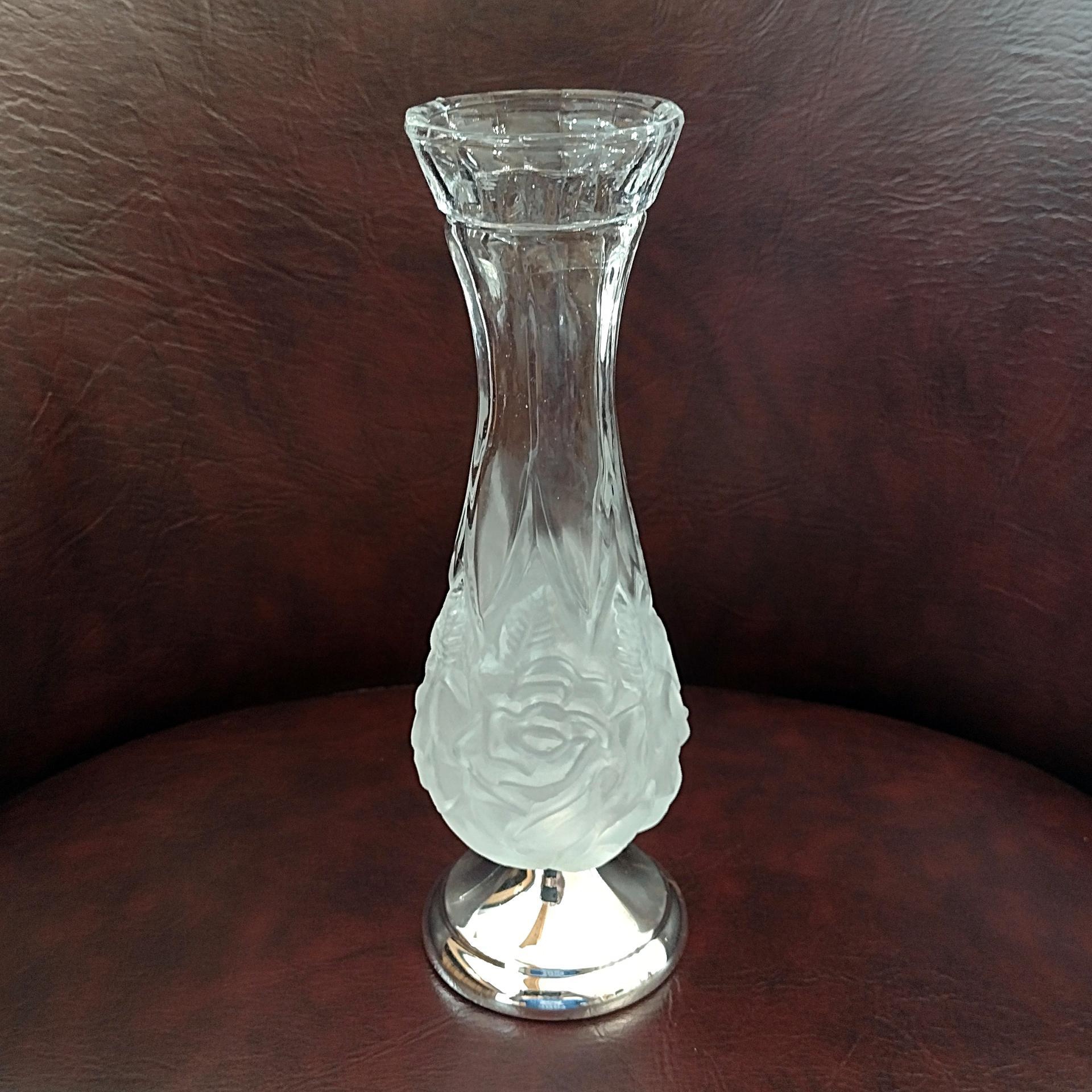 Vintage Rose Frosted Crystal and Silver Plated Flower Bud Vase, William Adams West German Floral Vase