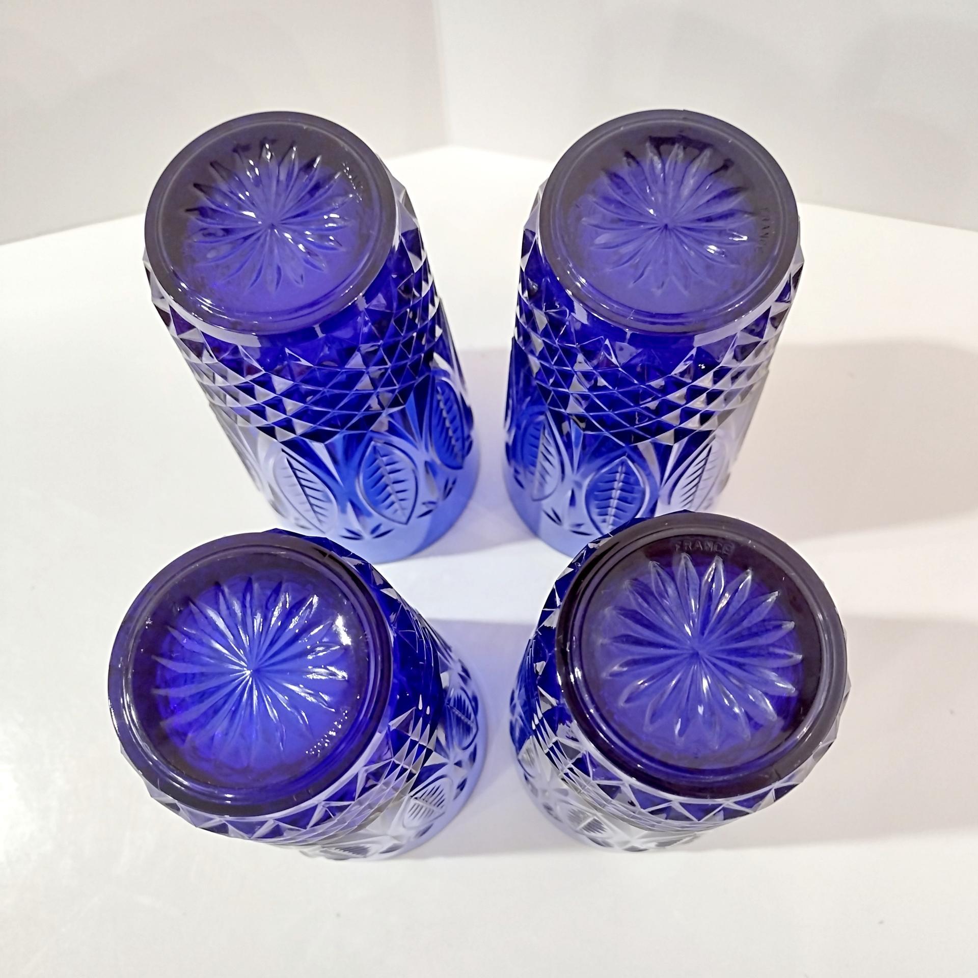 Vintage Arcoroc Avon Royal Sapphire Blue Flat Tumblers, Set of Four, Cobalt Blue Drinking Glasses with Diamond Leaf Pattern