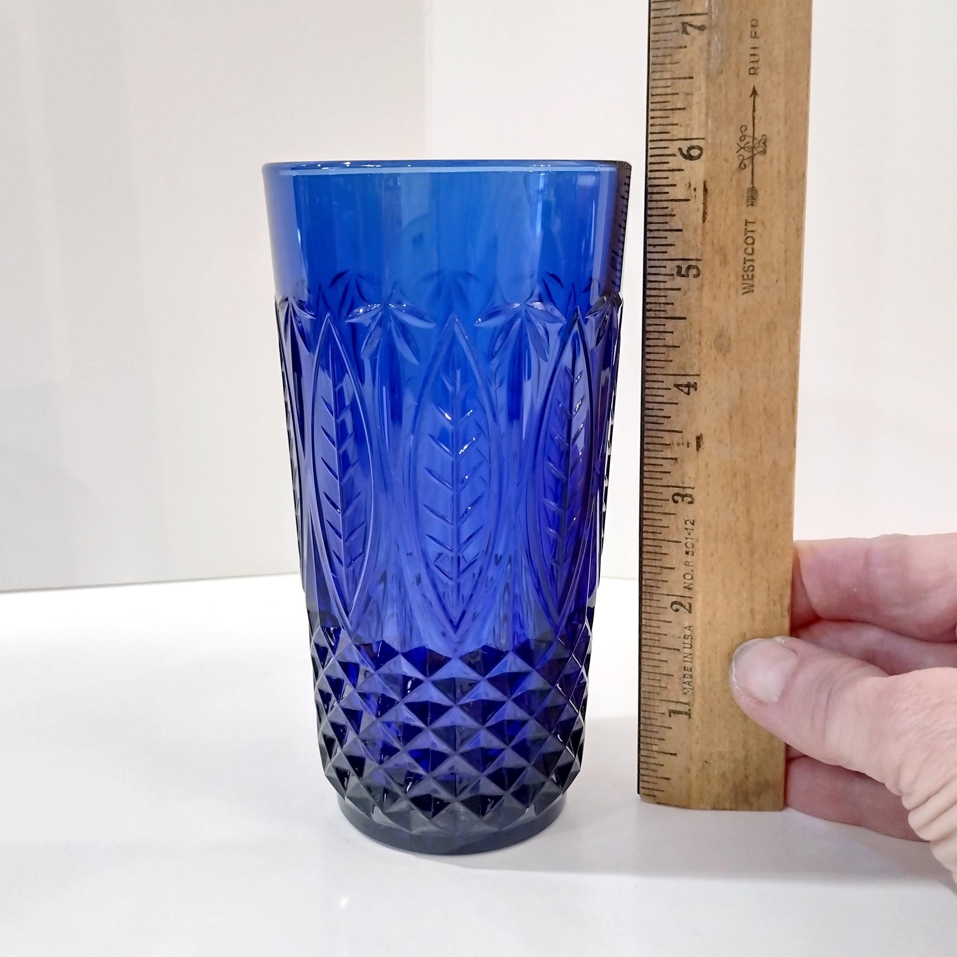 Vintage Arcoroc Avon Royal Sapphire Blue Flat Tumblers, Set of Four, Cobalt Blue Drinking Glasses with Diamond Leaf Pattern