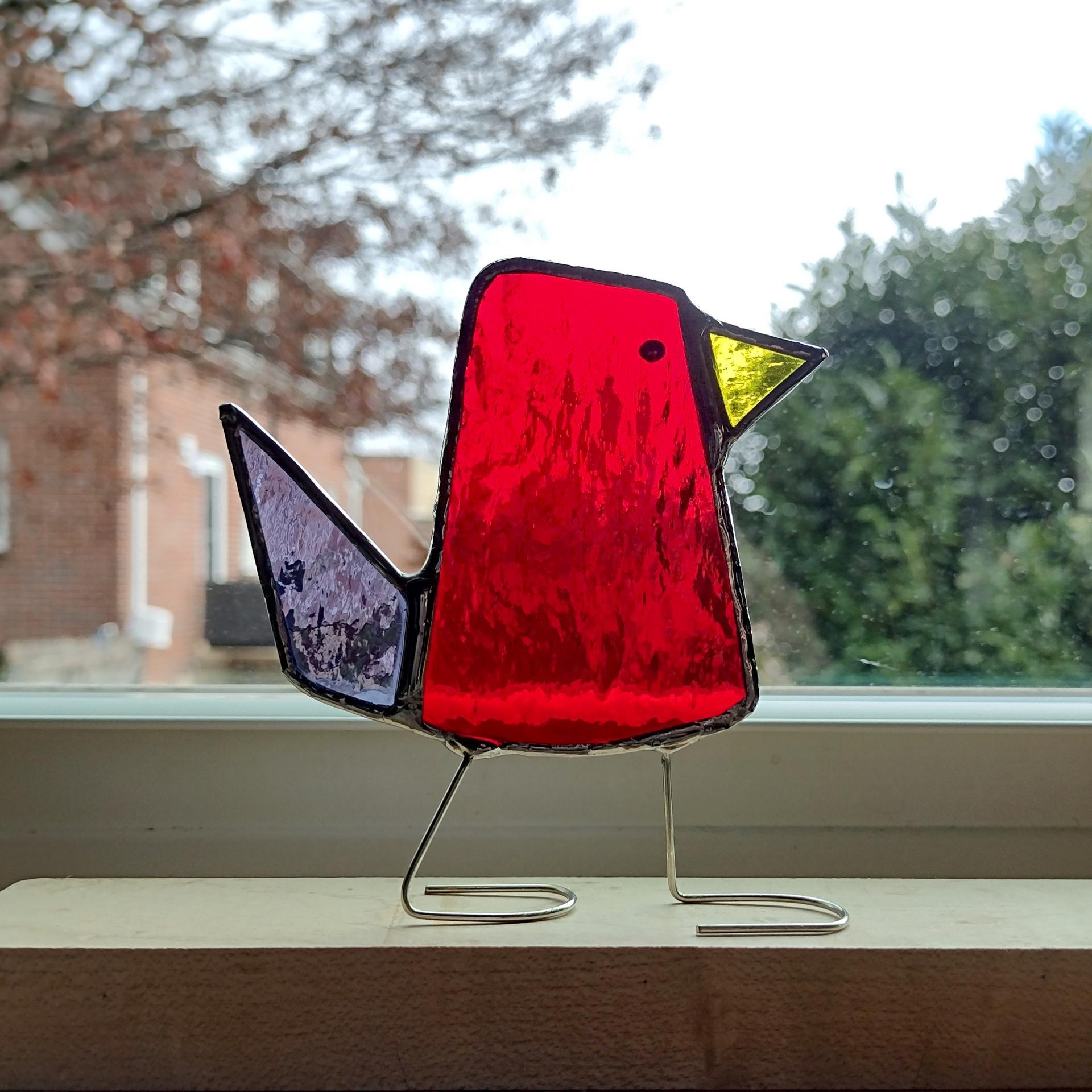 Stained Glass Standing Bird, Funky Glass Bird, Red and Purple Bird Suncatcher, Windowsill Free Standing Bird