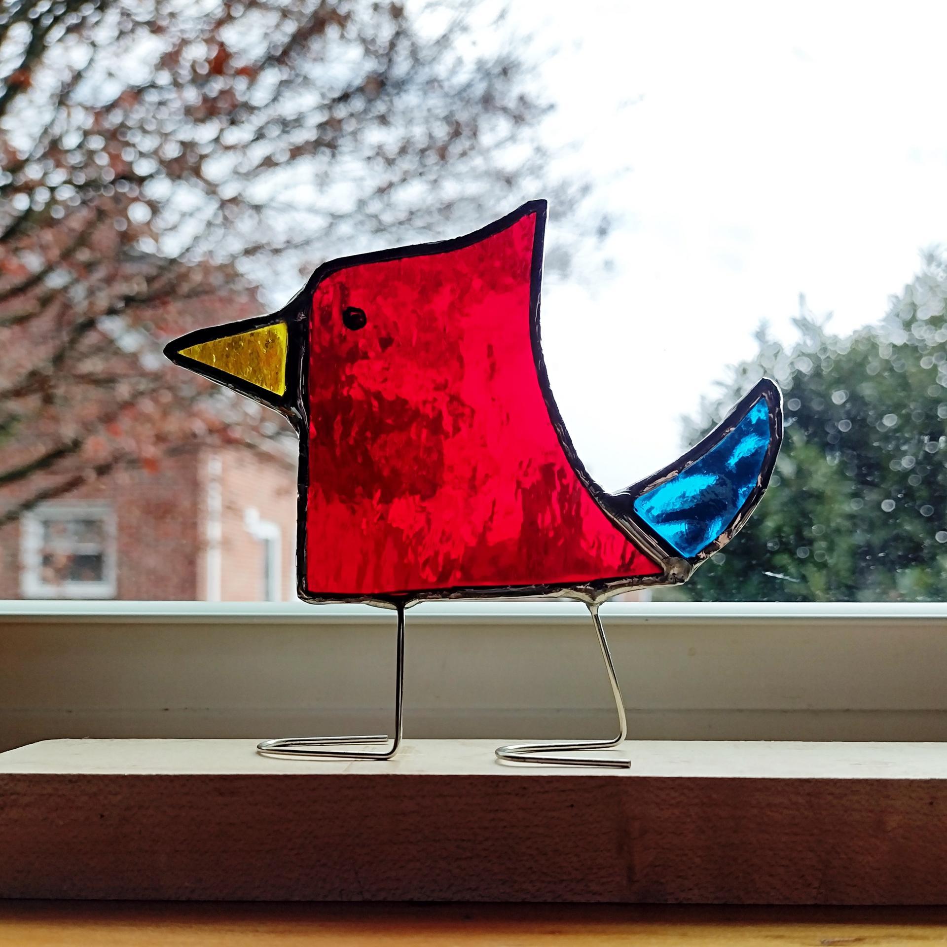 Stained Glass Standing Bird, Funky Glass Bird, Red and Turquoise Aqua Blue Bird Suncatcher, Windowsill Free Standing Bird