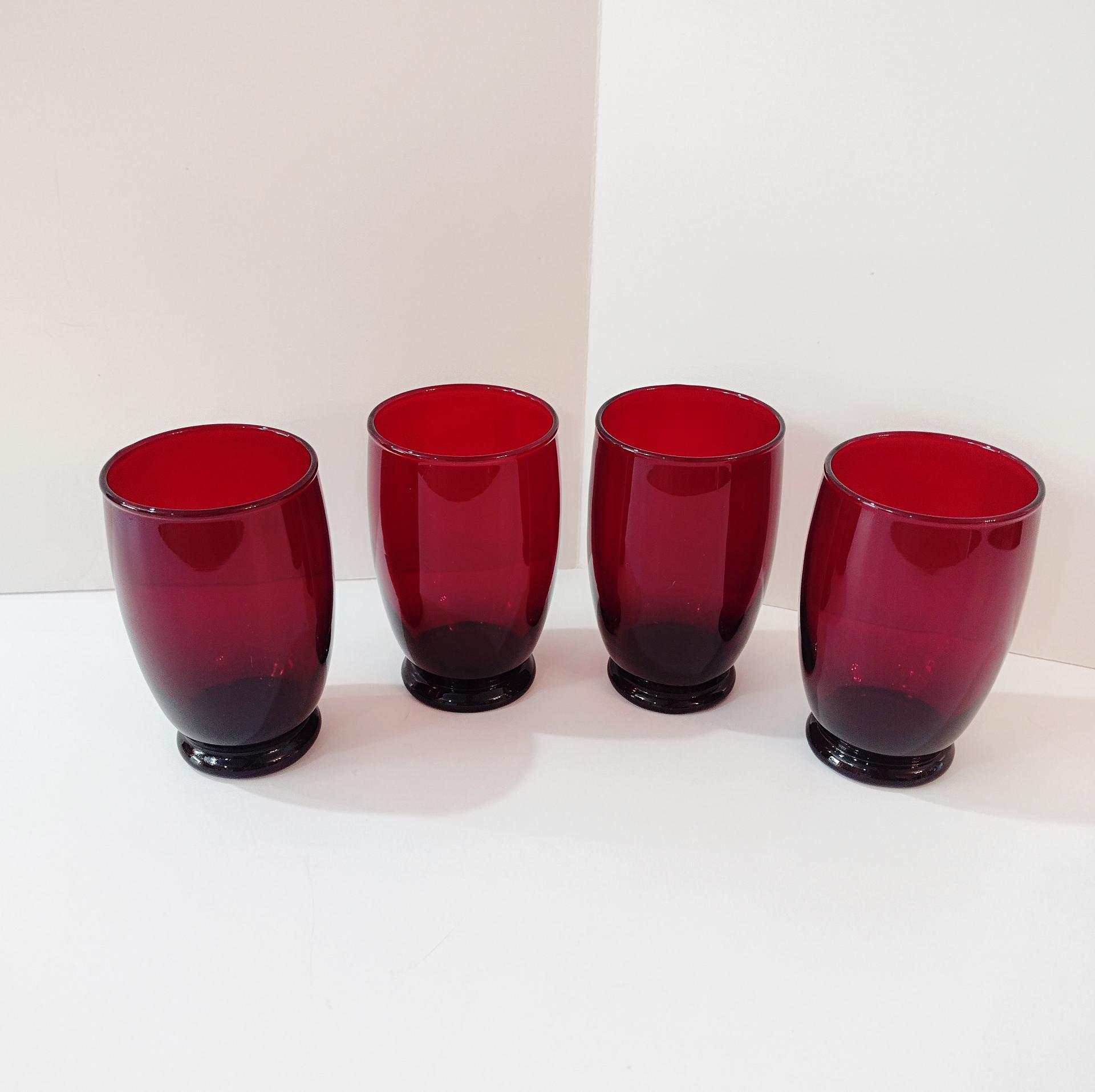 Vintage Anchor Hocking Footed Baltic Ruby Red 12 Ounce Water Goblets, Tumbler Glasses, Set of Four