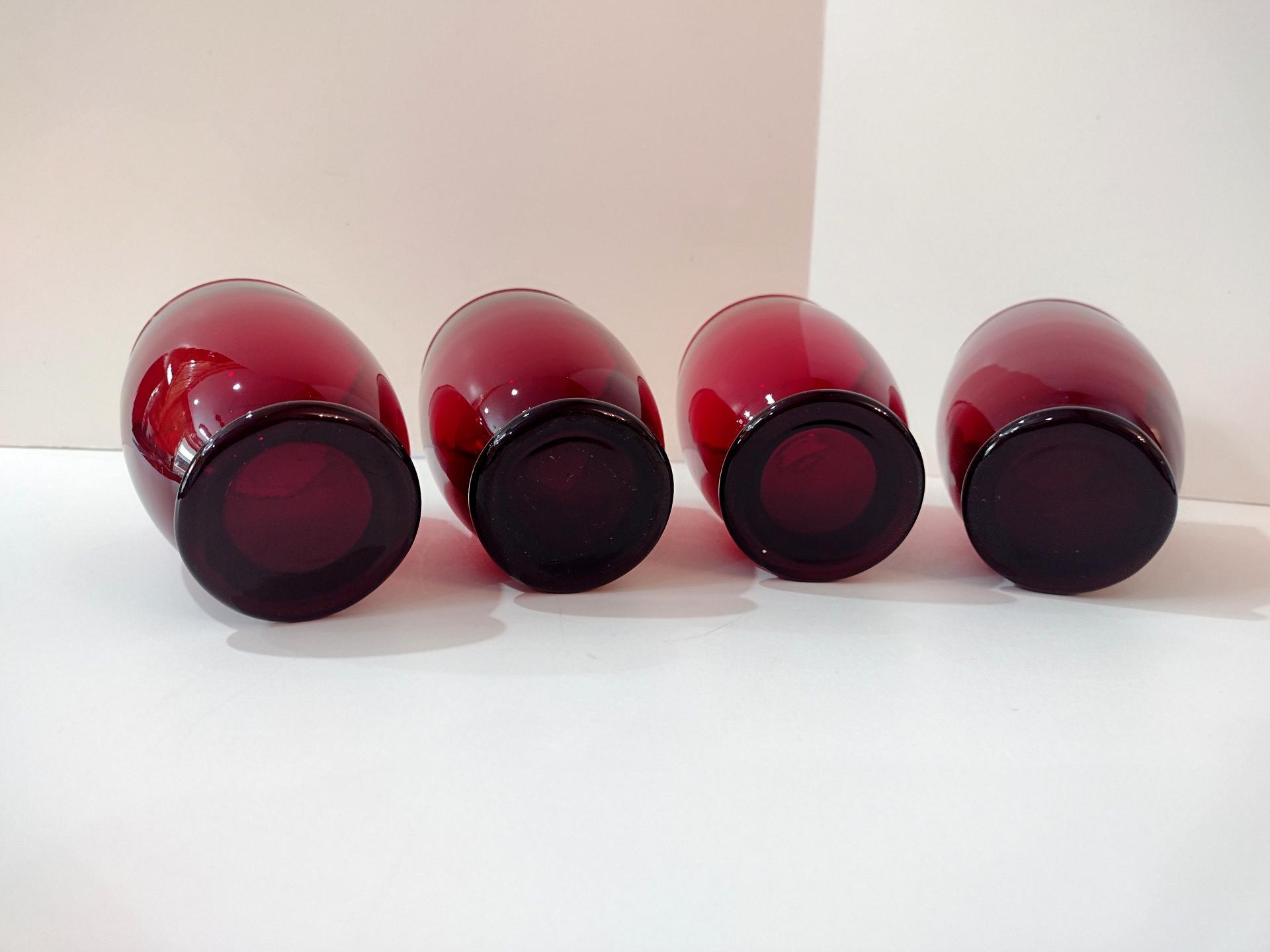 Vintage Anchor Hocking Footed Baltic Ruby Red 12 Ounce Water Goblets, Tumbler Glasses, Set of Four