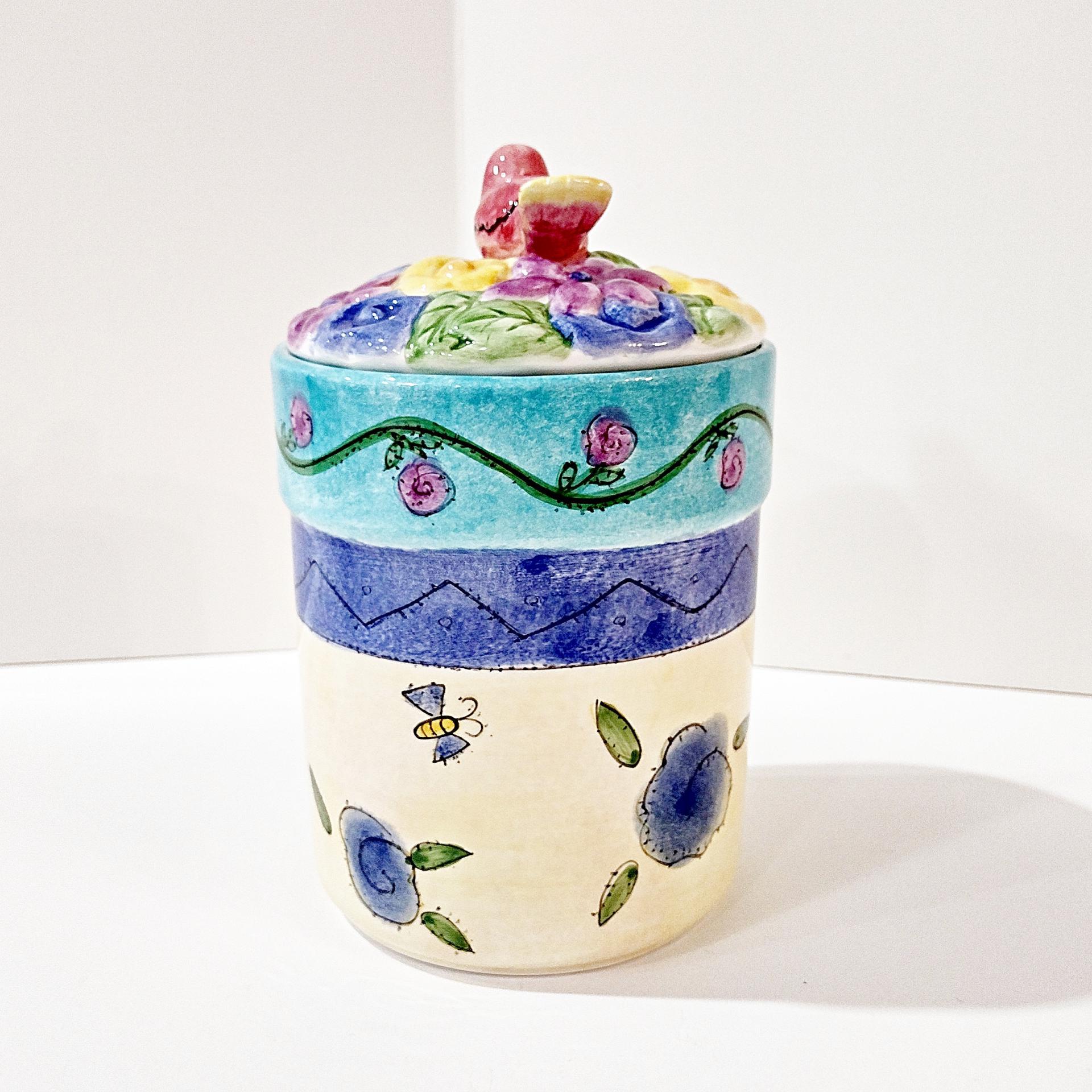 Vintage Sango Birds and the Bees Ceramic Canister, Pink Bird Lid