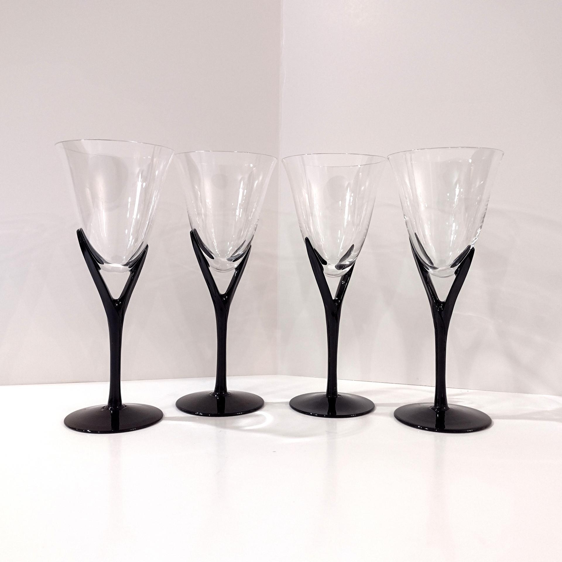 Vintage Sasaki Crystal Wine Glasses, Set of Four, Capistrano Black