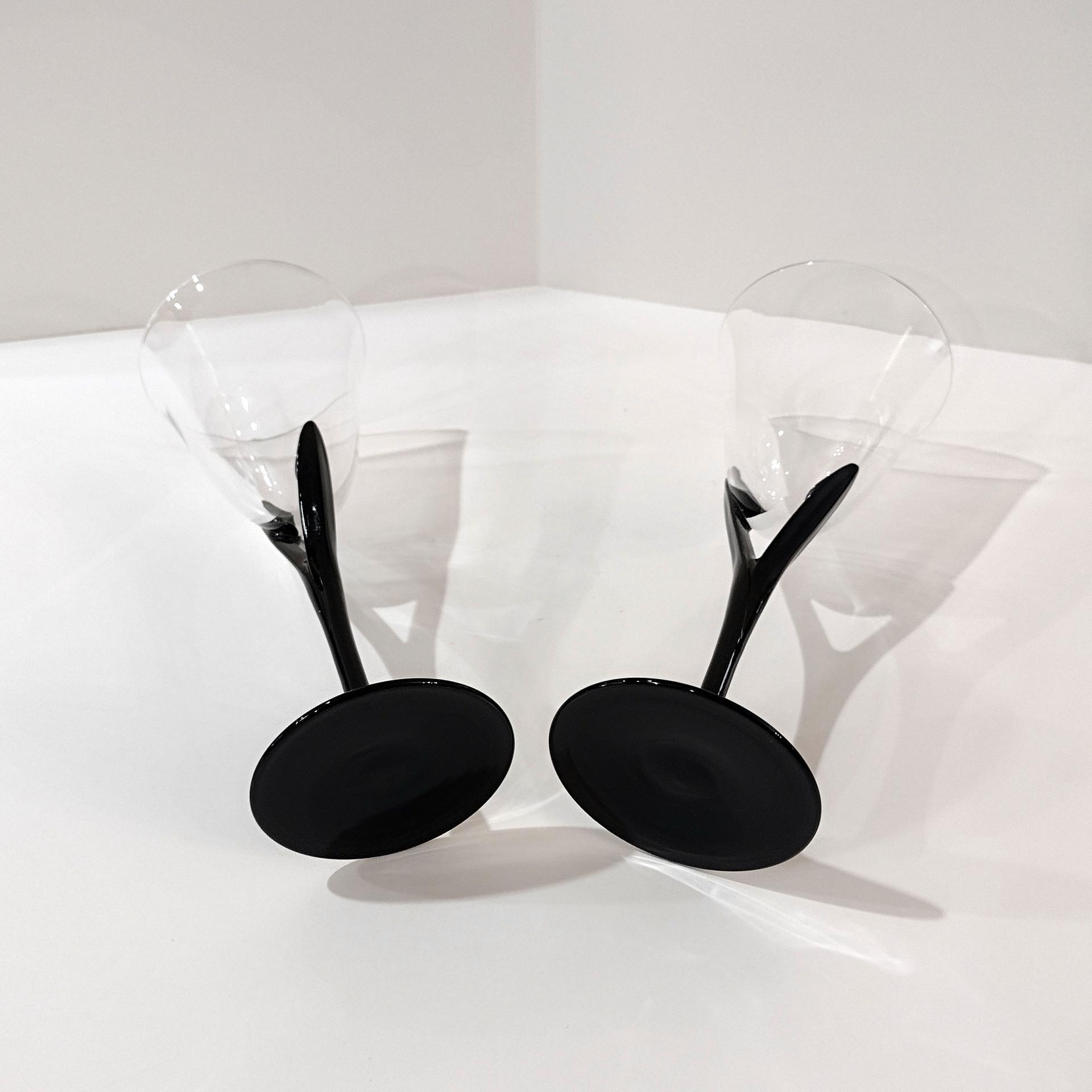 Vintage Sasaki Crystal Wine Glasses, Set of Two, Capistrano Black