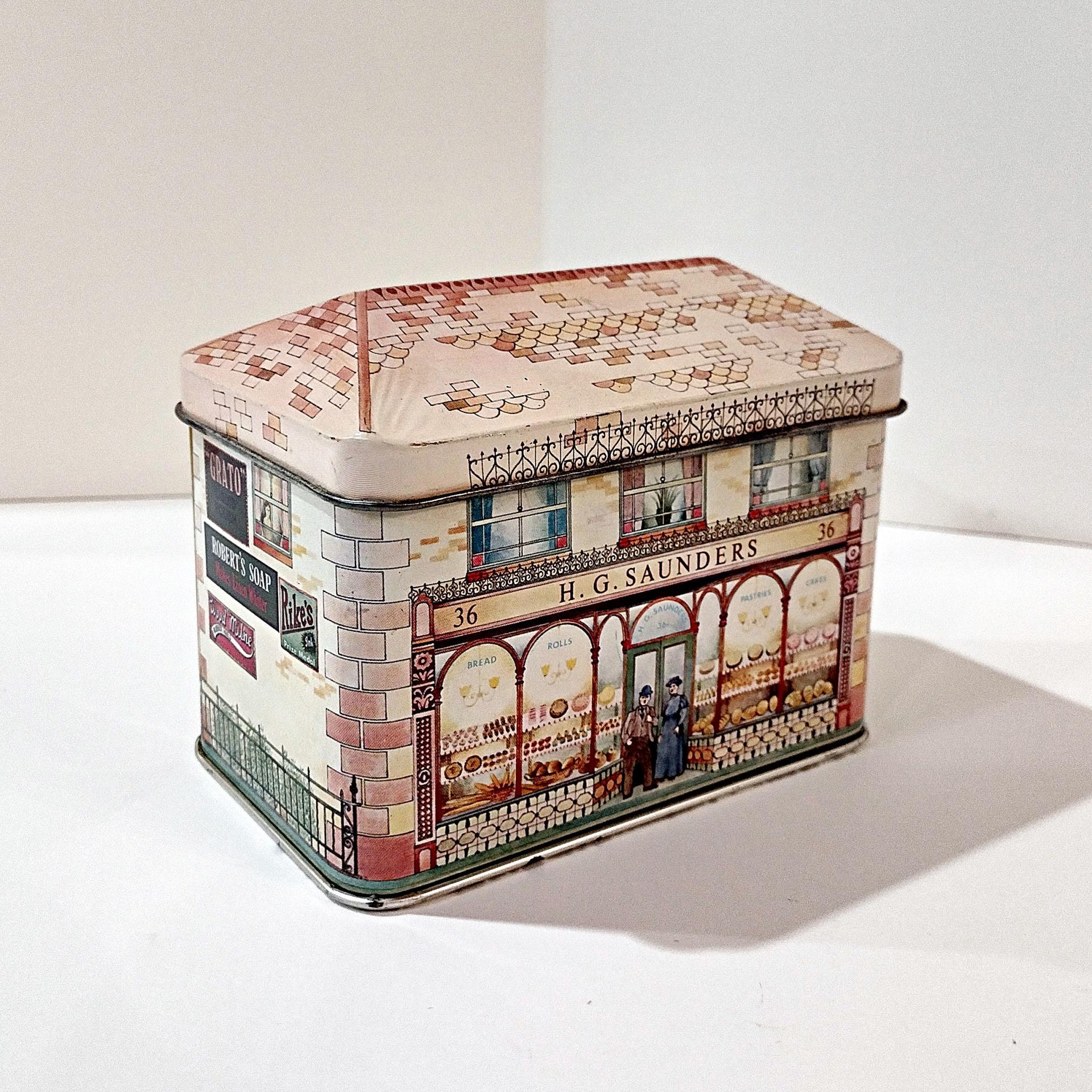 Vintage H. G. Saunders Ian Logan Hinged Lid Tin, House Shaped Storage Tin Box
