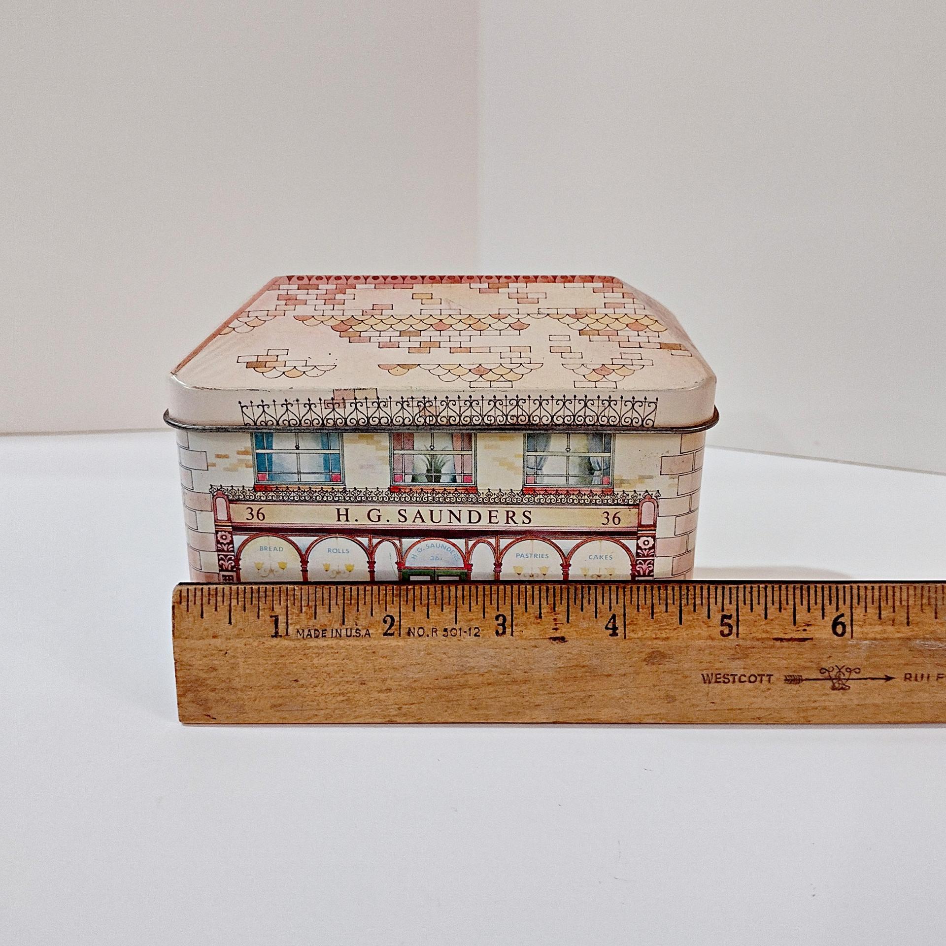 Vintage H. G. Saunders Ian Logan Hinged Lid Tin, House Shaped Storage Tin Box