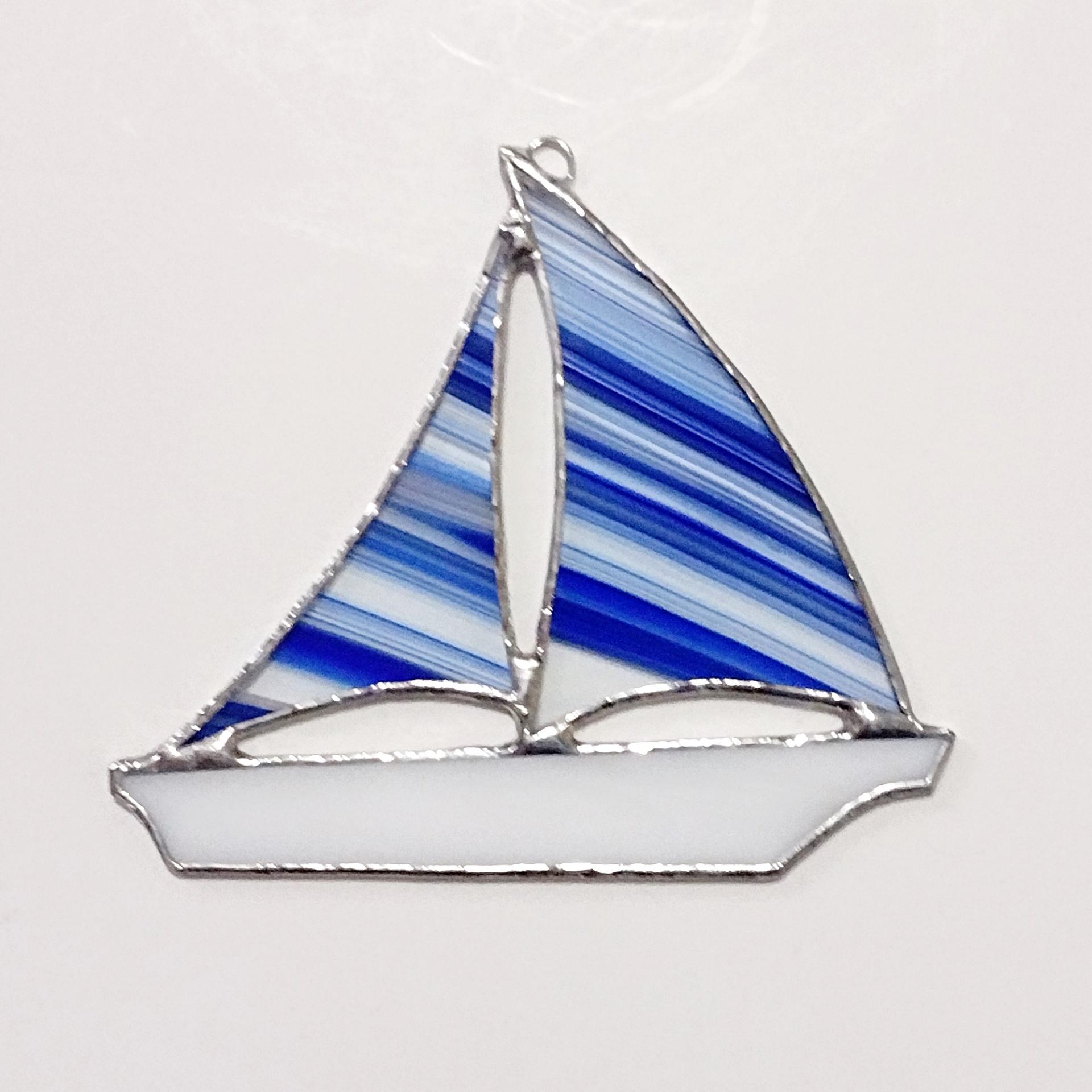 Stained Glass Sailboat Suncatcher, Blue and White Striped