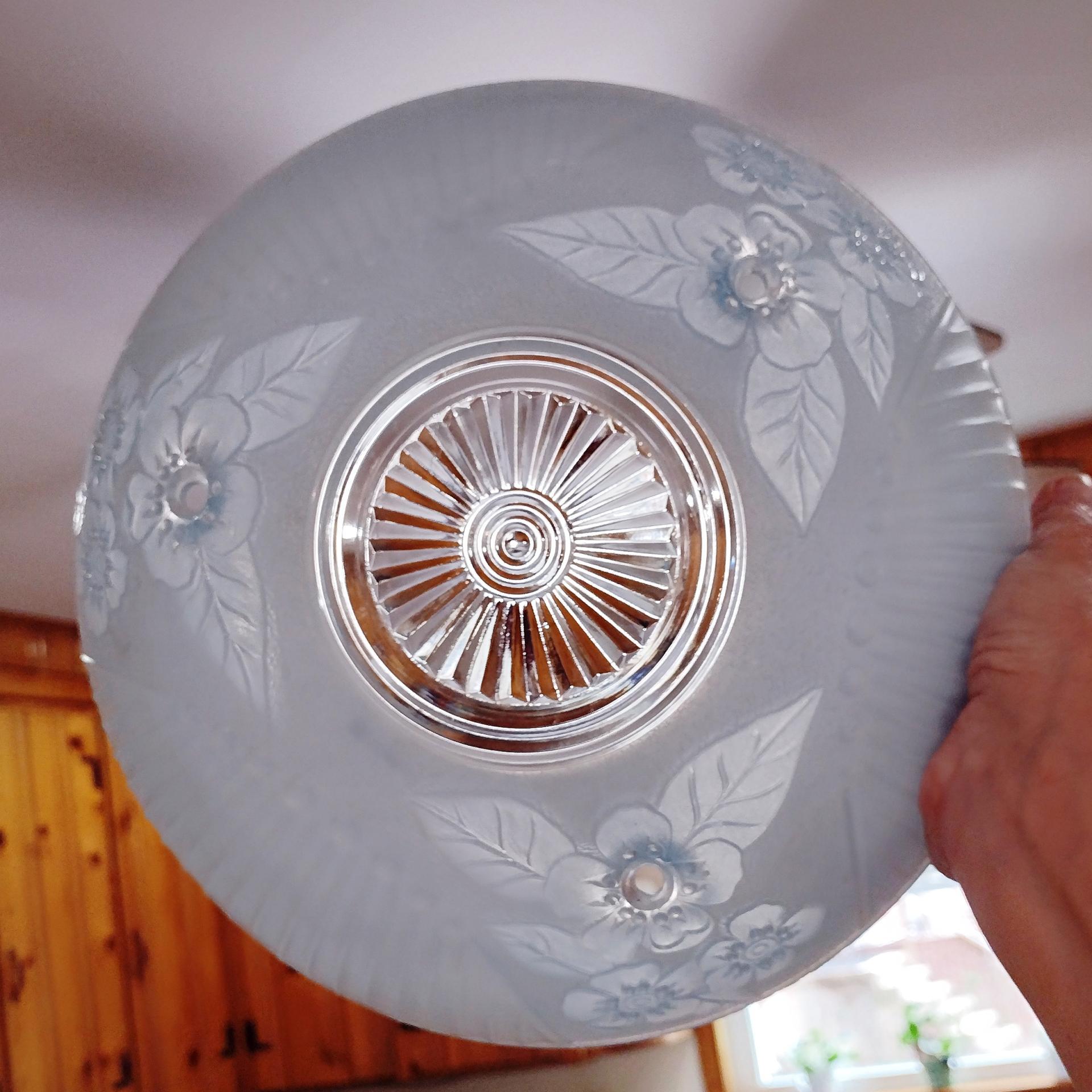 Vintage Art Deco Style Floral Light Blue Frosted Glass Three Chain Suspension Dome Shade