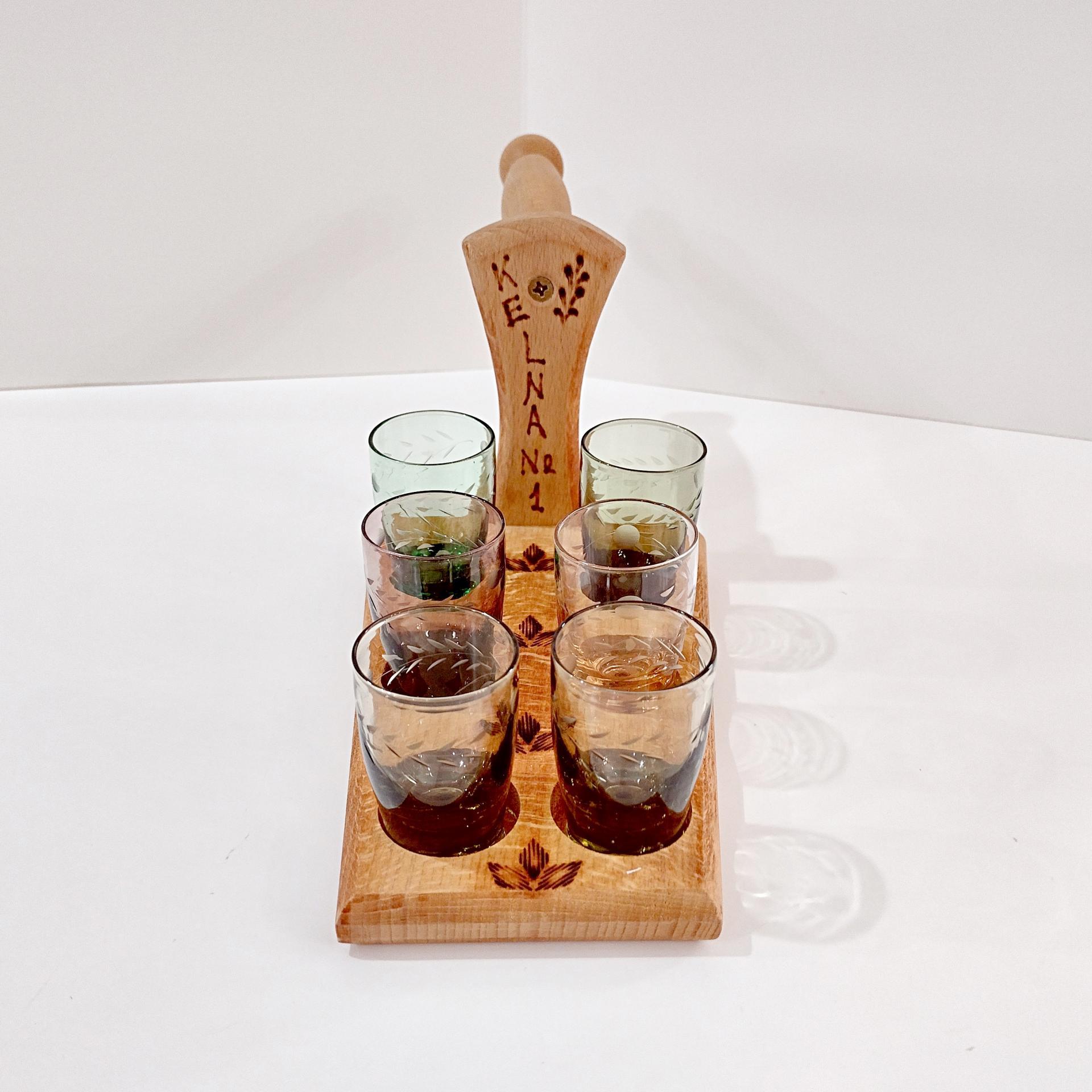 Wooden Shot Glass Holder Server with Six Etched Multi Colored Shot Glasses
