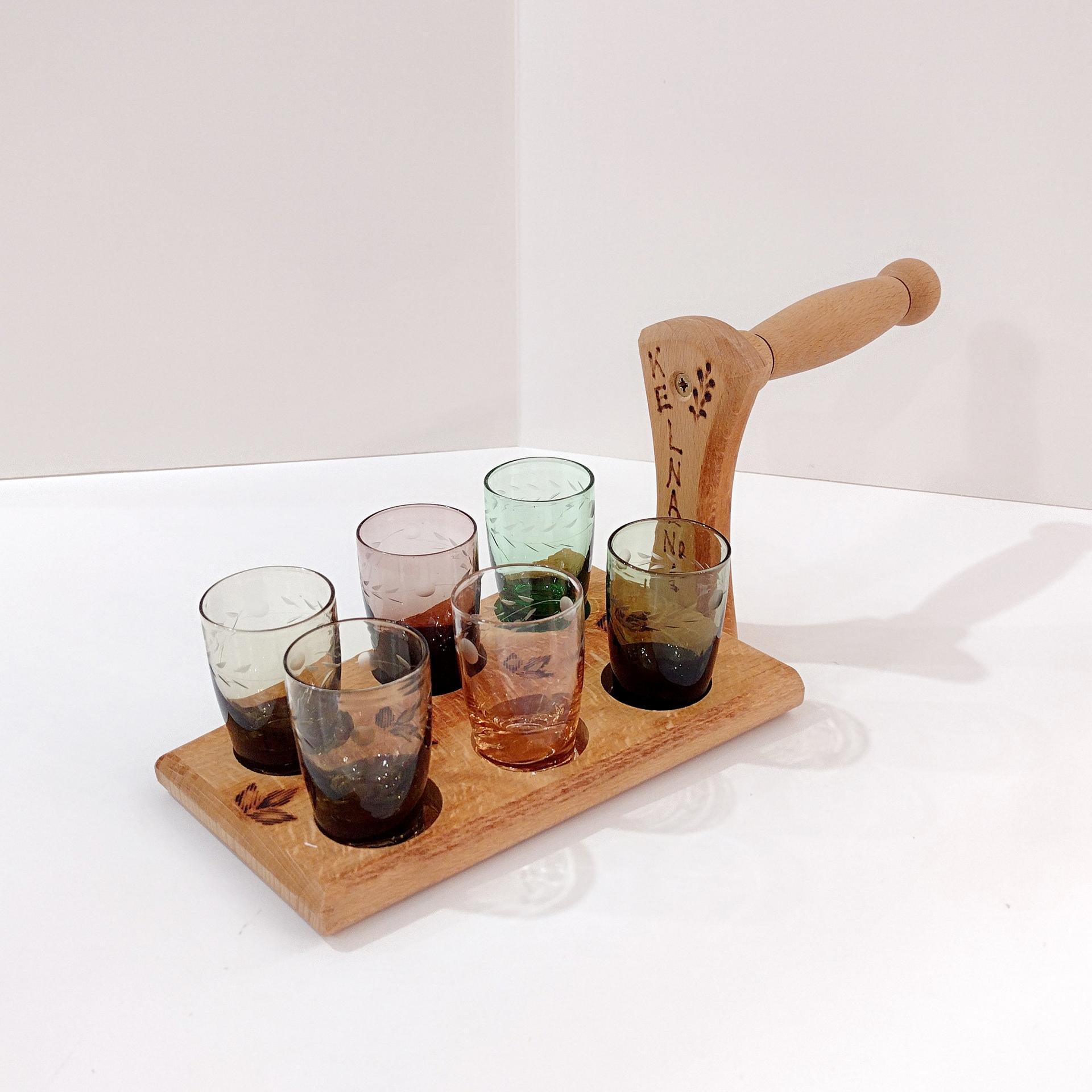 Wooden Shot Glass Holder Server with Six Etched Multi Colored Shot Glasses