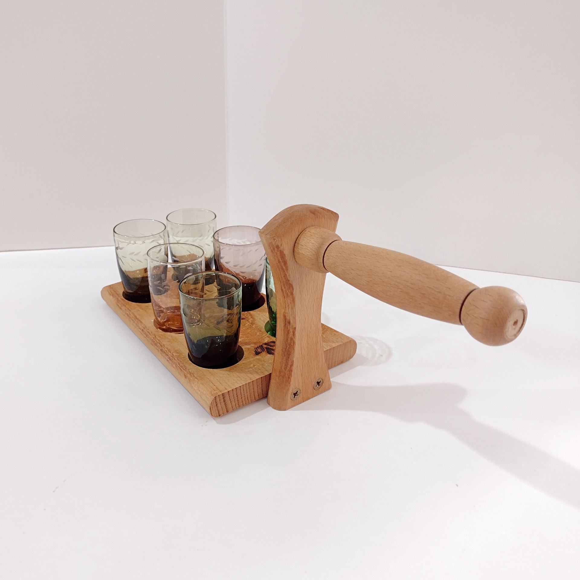 Wooden Shot Glass Holder Server with Six Etched Multi Colored Shot Glasses