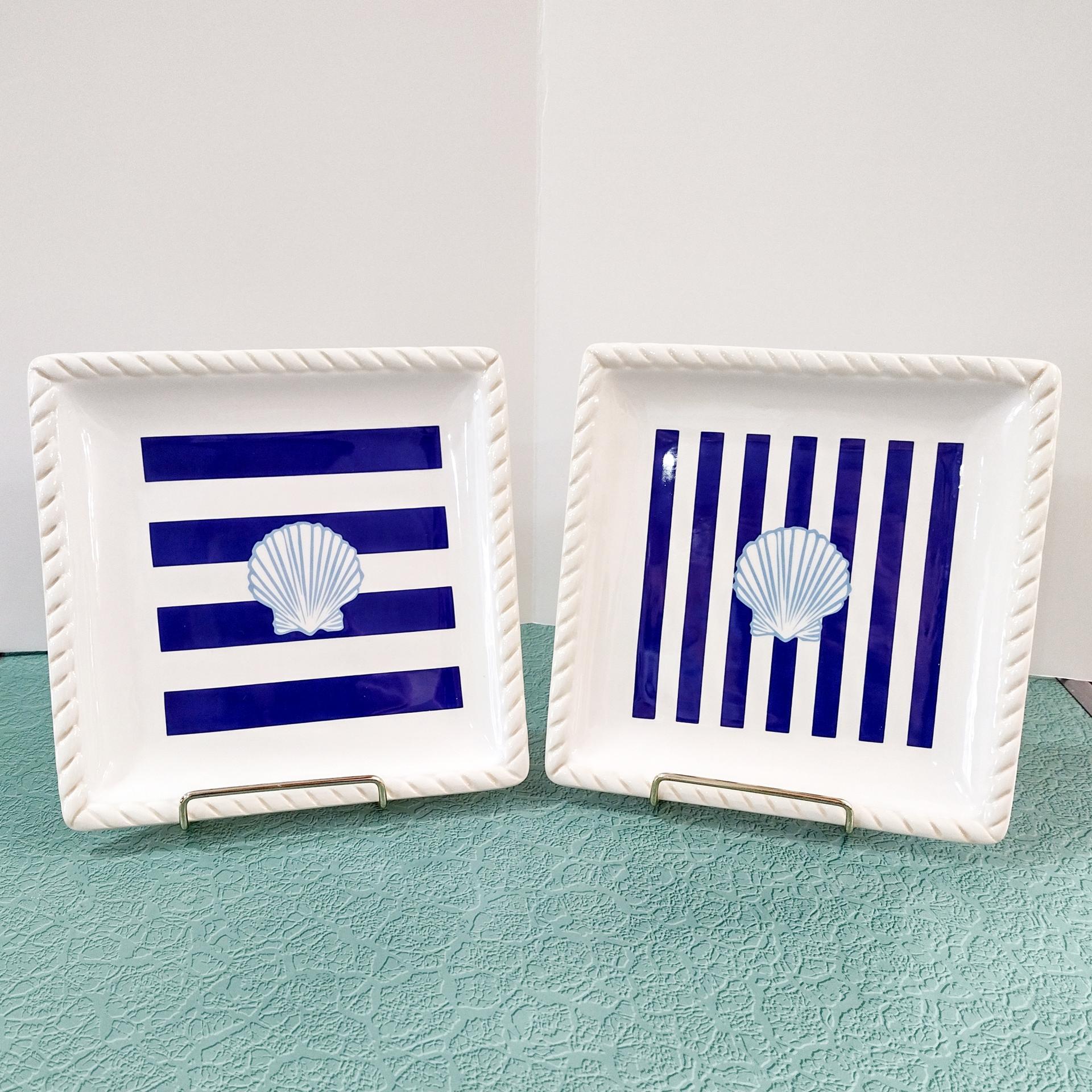 Vintage Blue and White Striped Sea Shell Square Plates, Set of Two, Nautical Beach Dinnerware