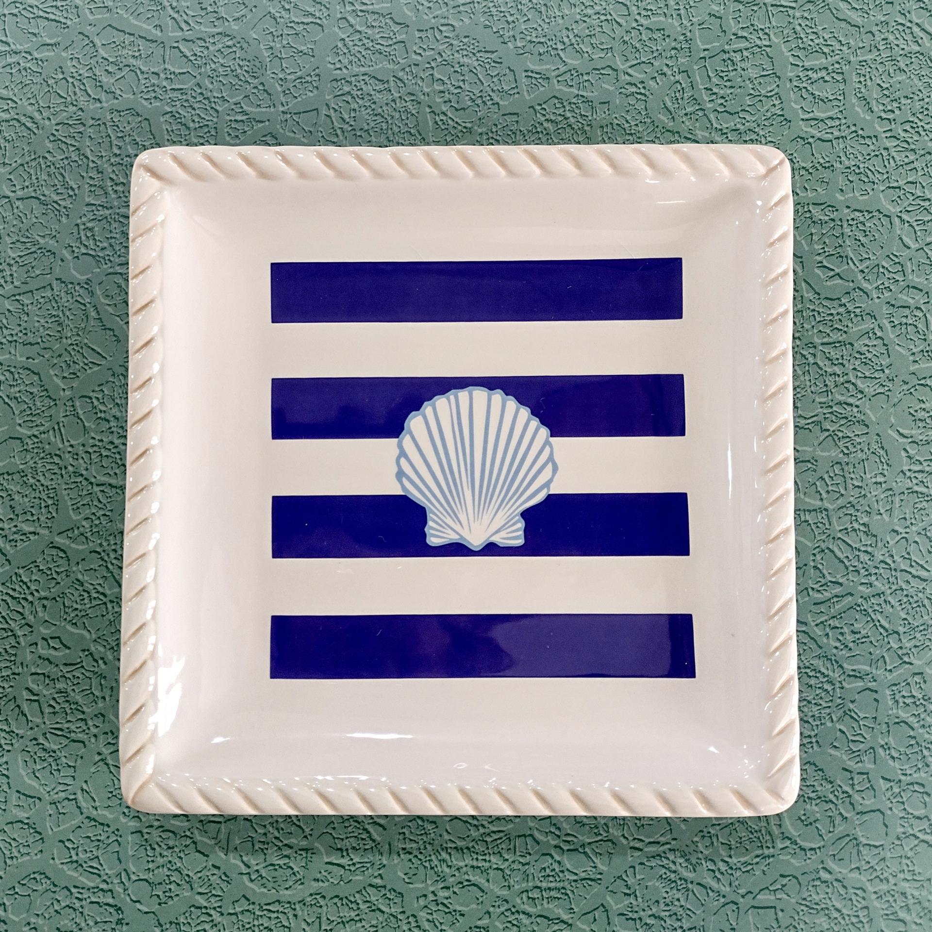 Vintage Blue and White Striped Sea Shell Square Plates, Set of Two, Nautical Beach Dinnerware