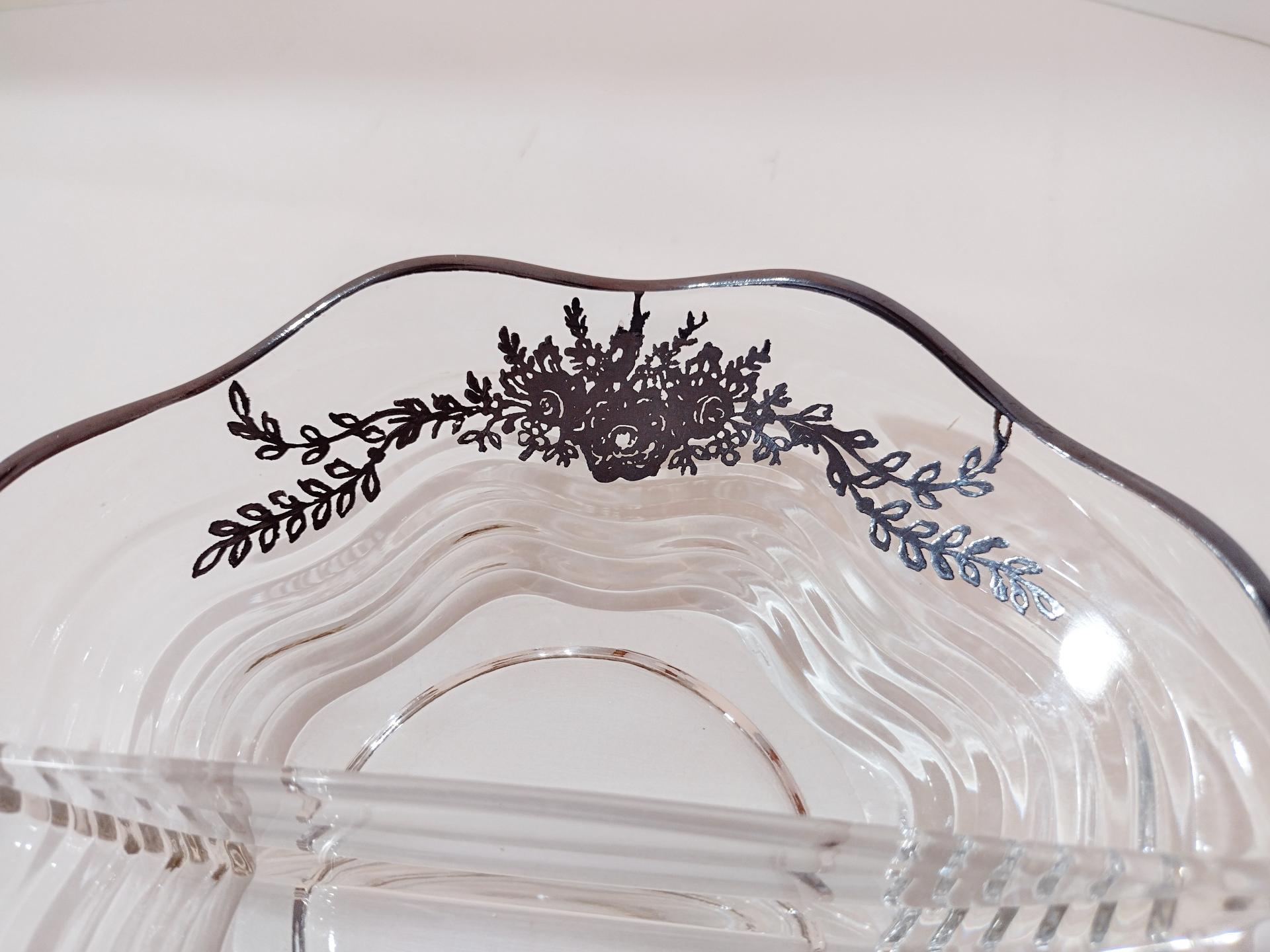Vintage Divided Dish with Silver Overlay, Silver City Blossom Time Pattern Fostoria Divided Bowl