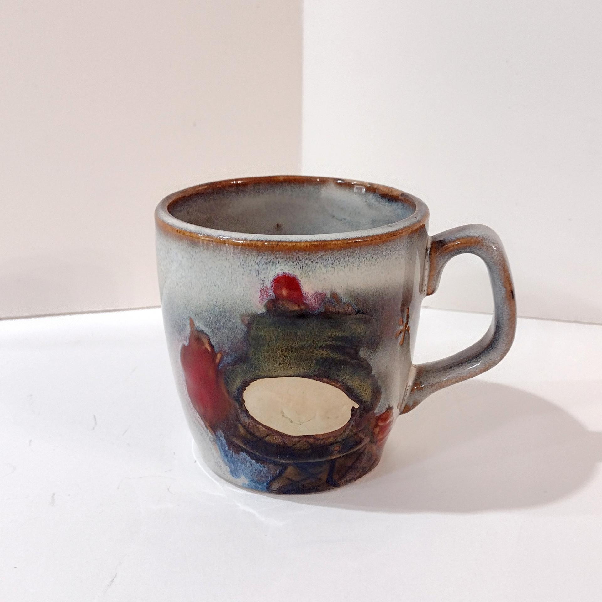 Vintage Snowman and Cardinal Holiday Ceramic Coffee Tea Mug, Studio Pottery Hand Crafted Mug