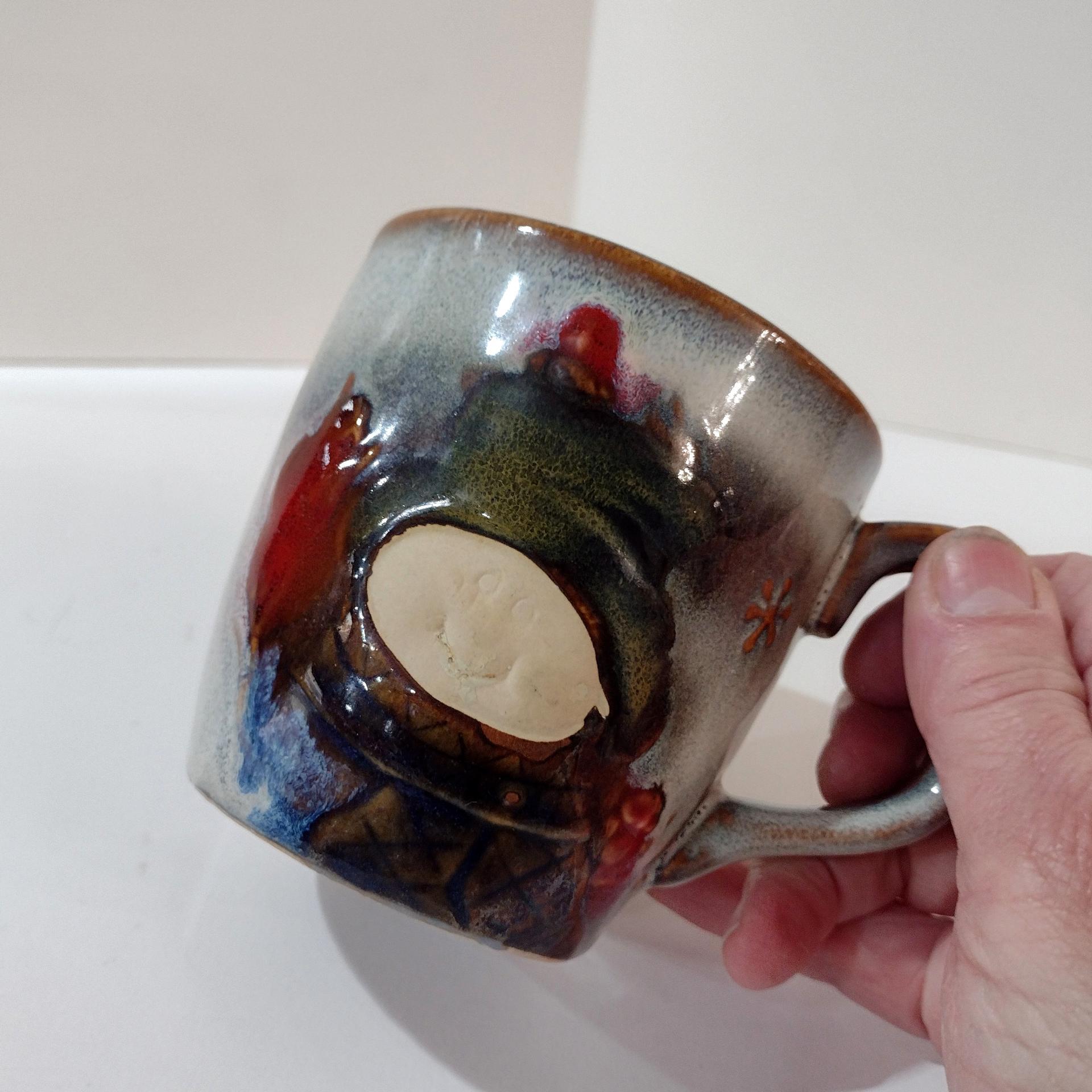 Vintage Snowman and Cardinal Holiday Ceramic Coffee Tea Mug, Studio Pottery Hand Crafted Mug