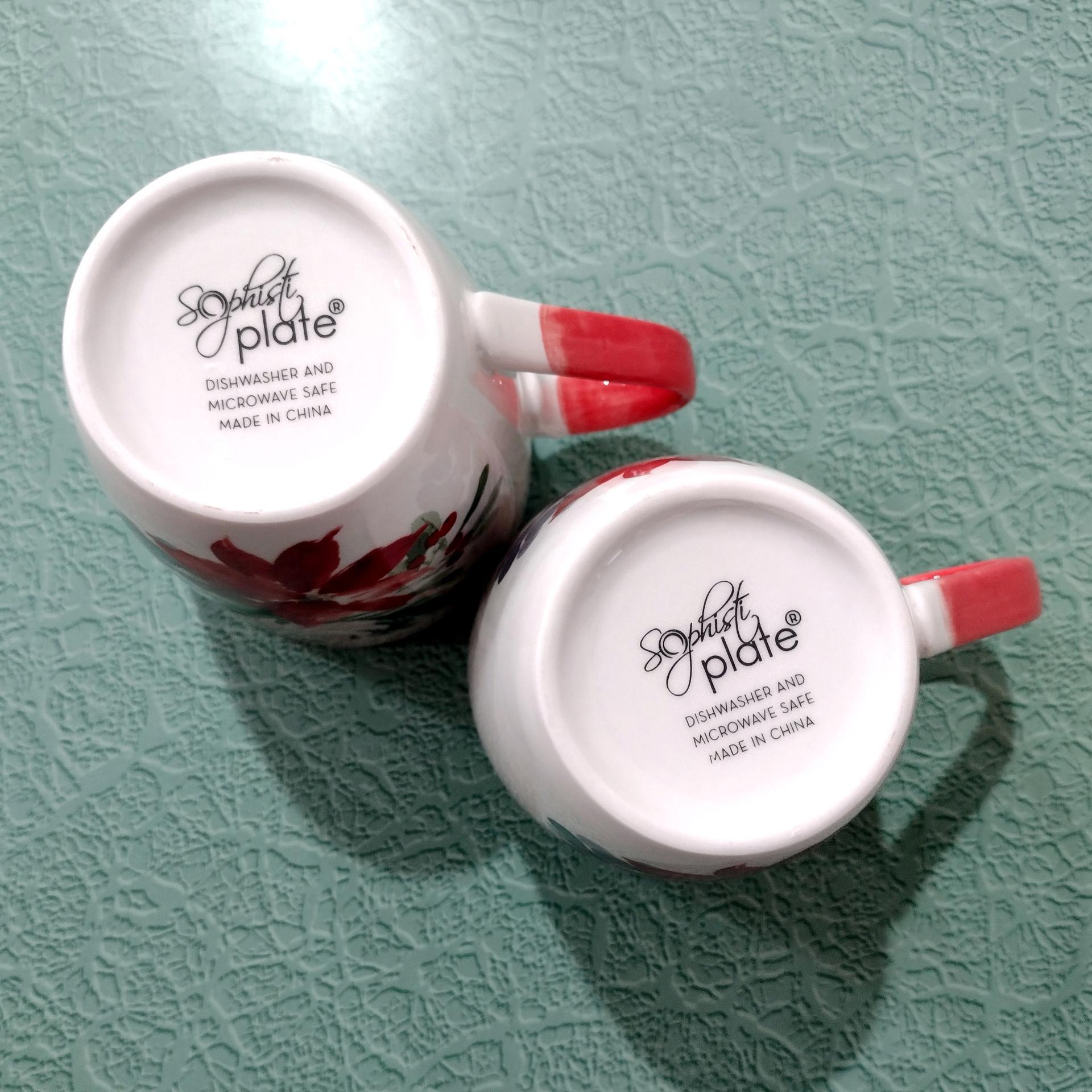 Vintage Floral Sophisti Plate Coffee Tea Ceramic Mugs, Set of Two