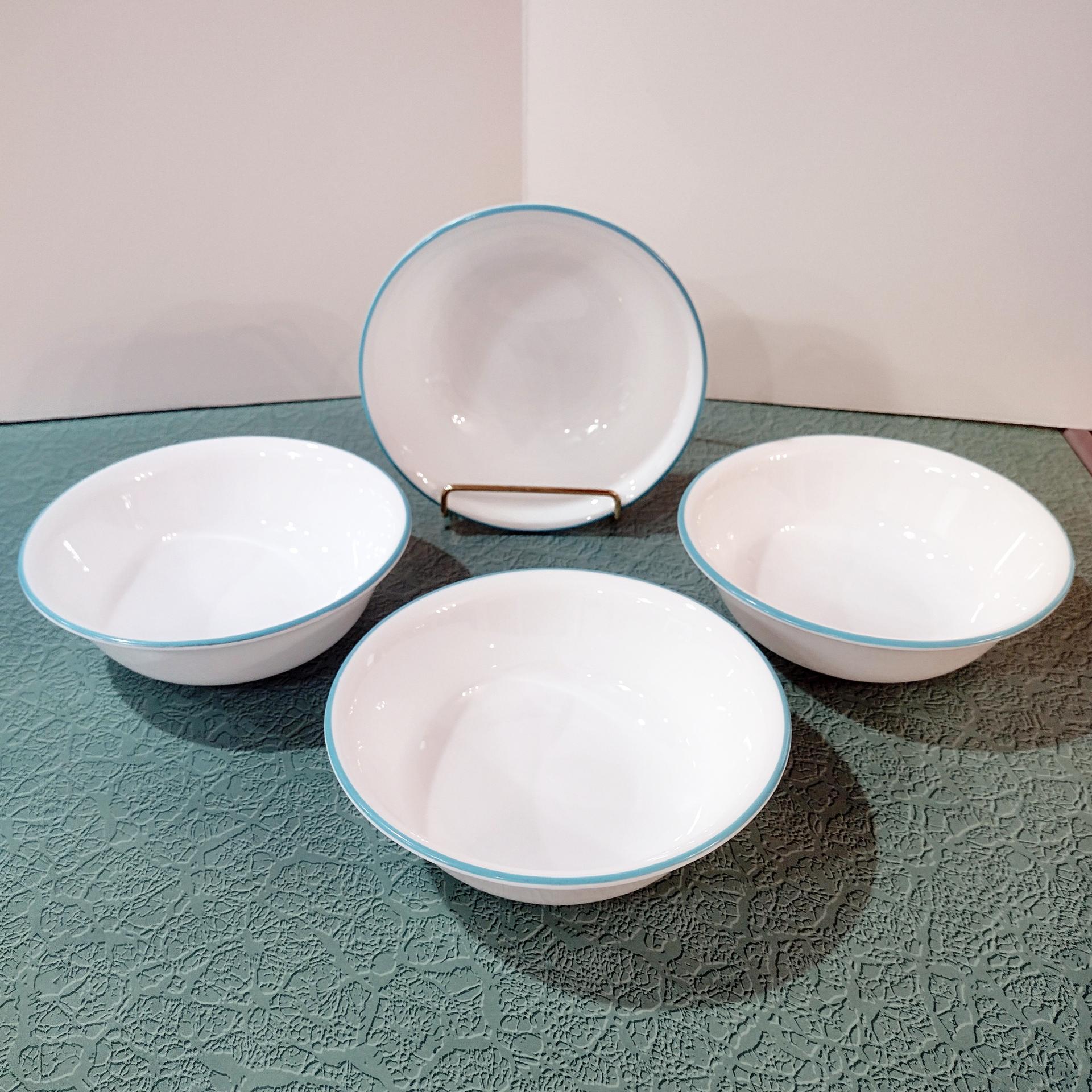 Corelle South Beach Cereal Salad Bowls, Set of Four, White Bowls with Turquoise Teal Blue Rims