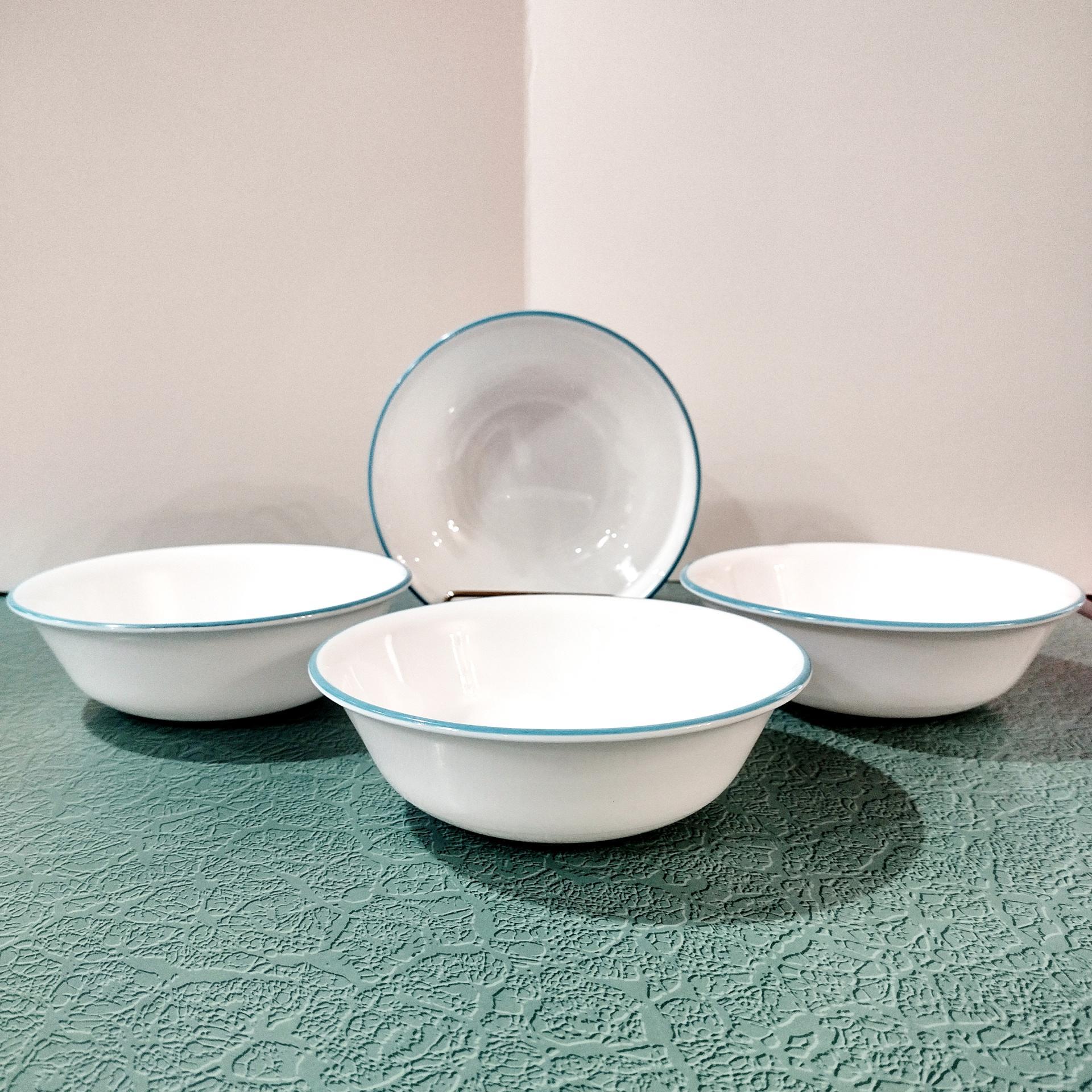 Corelle South Beach Cereal Salad Bowls, Set of Four, White Bowls with Turquoise Teal Blue Rims